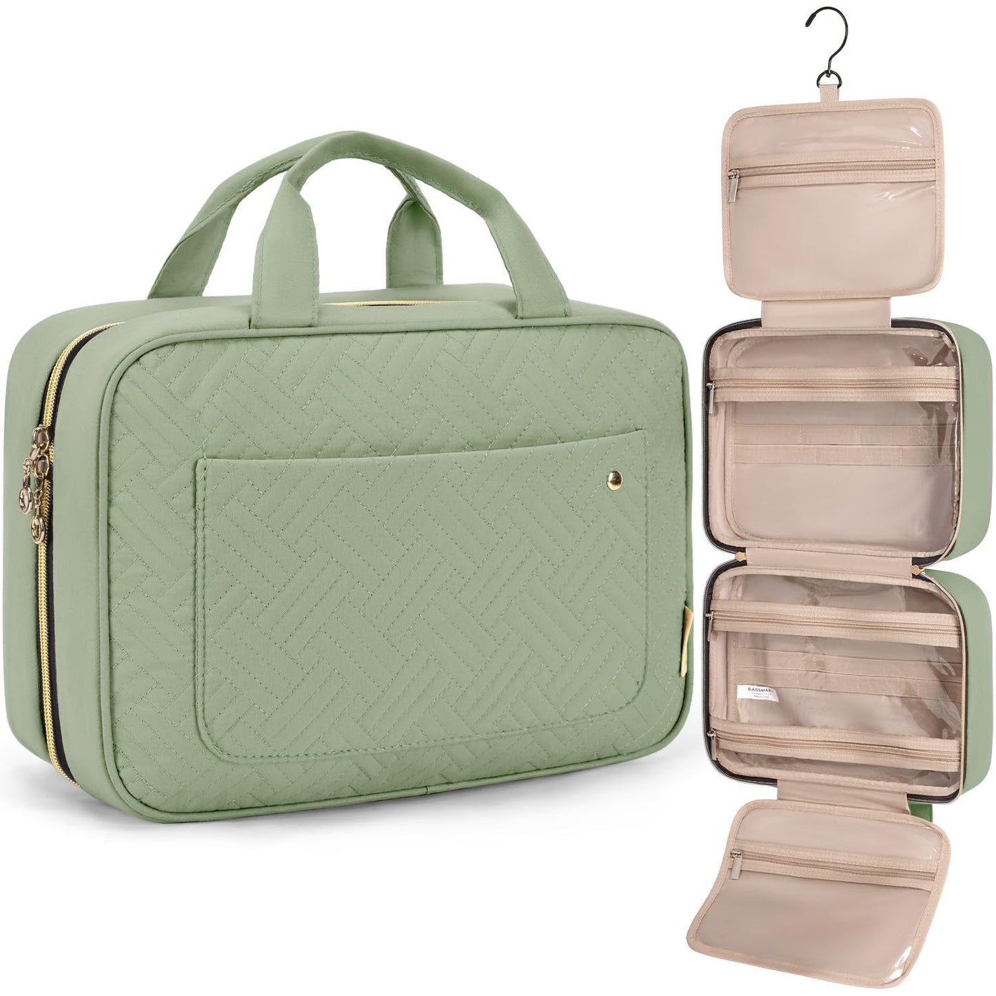 BAGSMART Toiletry Bag Travel Bag with Hanging Hook, Water-resistant Makeup Cosmetic Bag Travel Organizer for Accessories, Shampoo, Full-size Container, Toiletries (Green Checkerboard, Large)