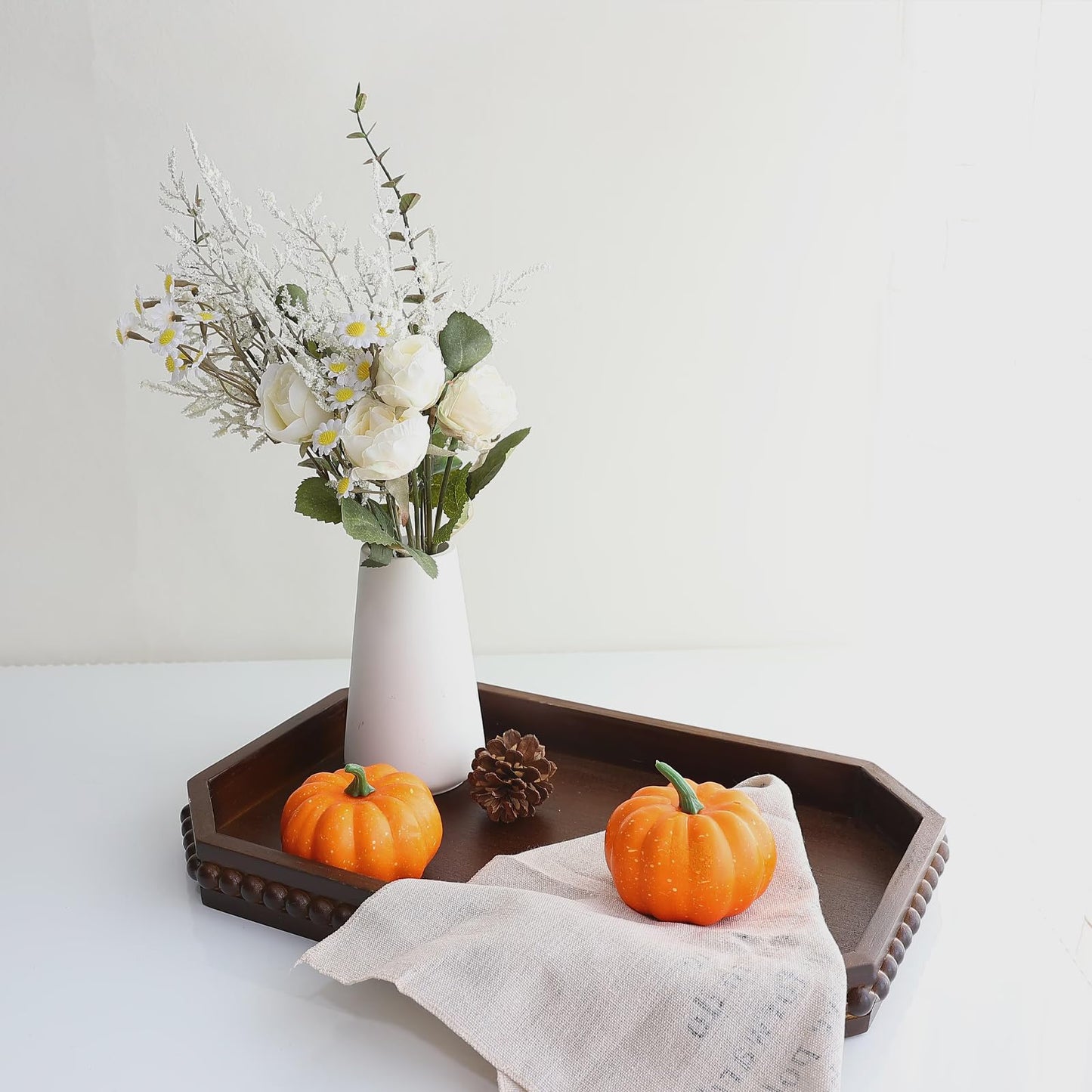 Hrastany Wood Rustic Serving Tray with Beads, Farmhouse Brown Decorative Tray for Table Centerpiece, Christmas Wedding Halloween Home Decor