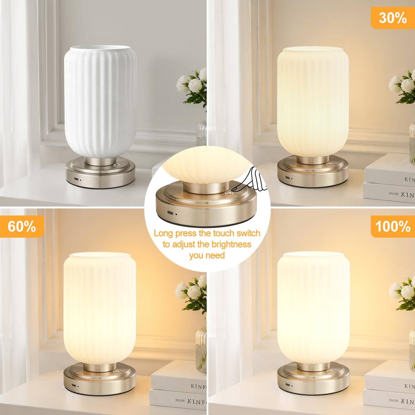 LightRound Cordless Table Lamp for Bedroom, Touch Stepless Dimmable, Modern