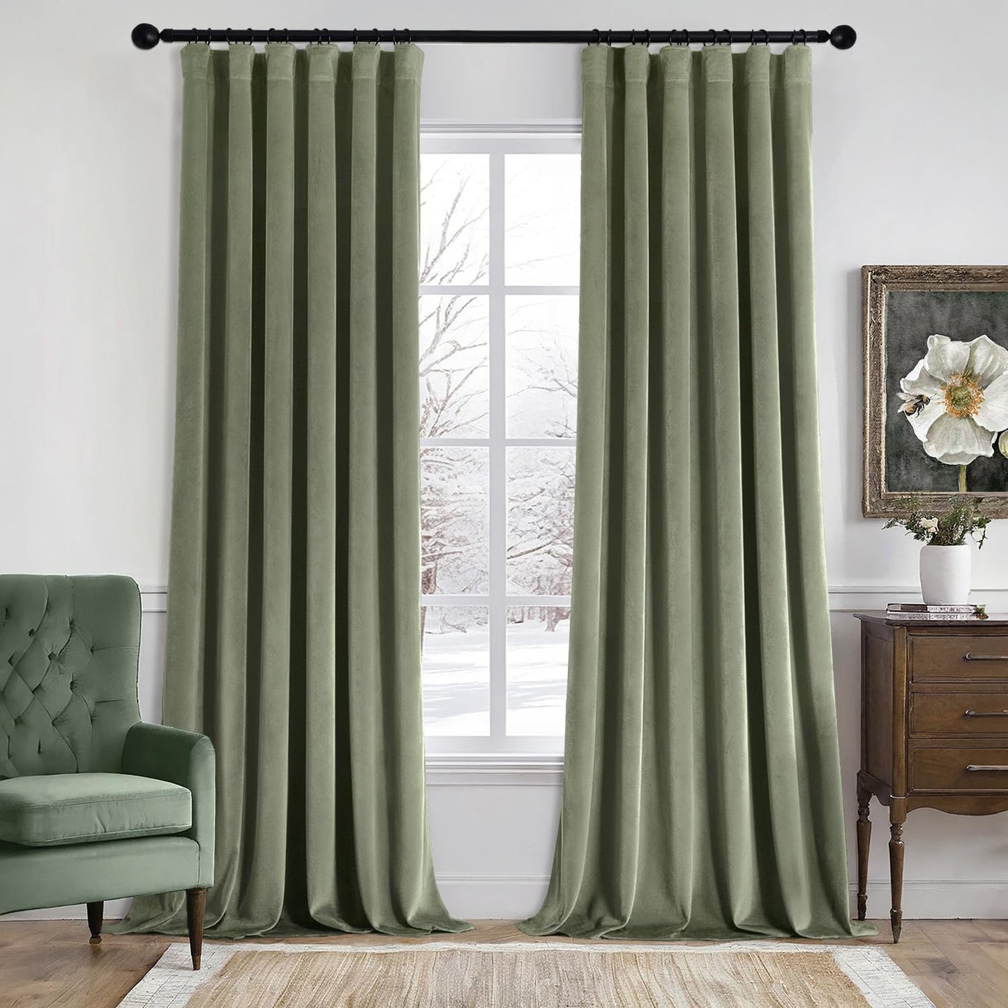 MIULEE Velvet Curtains 52x84 inches 2 Panels Olive Green Blackout Curtains