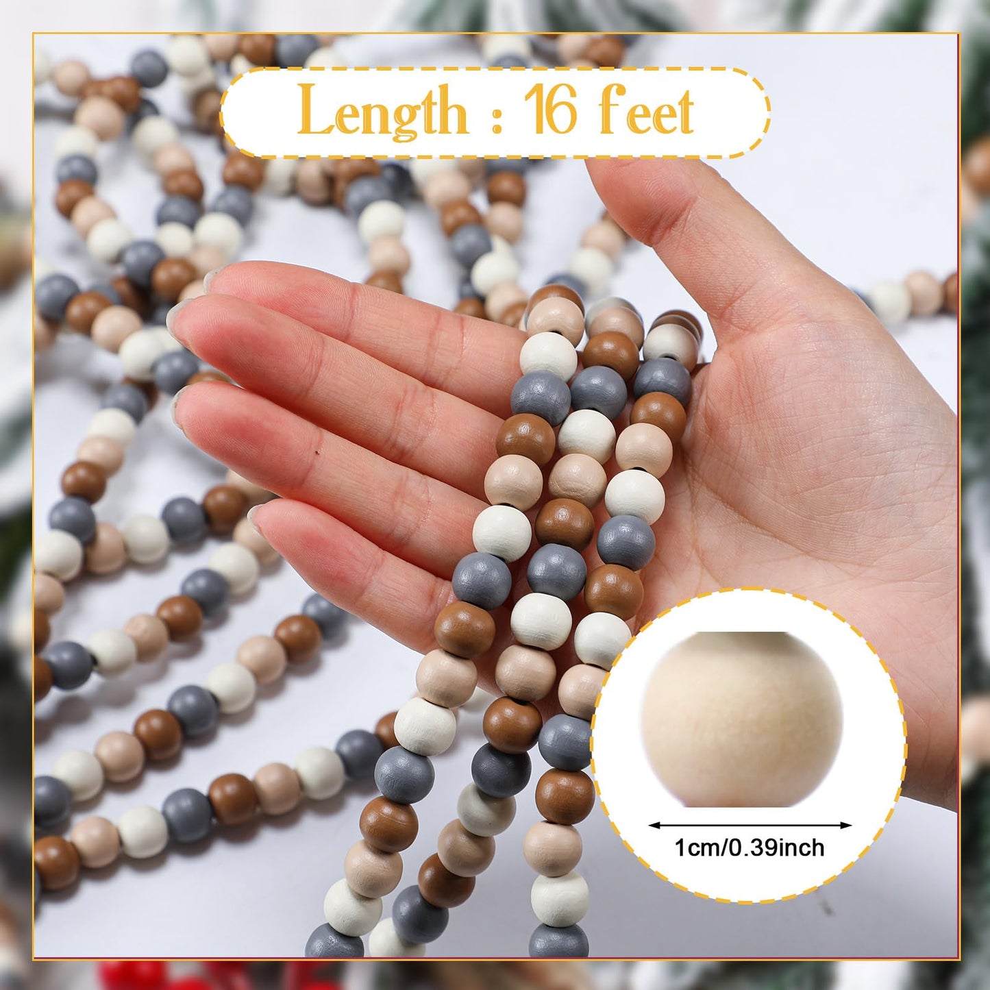 WILLBOND 16 Feet Wood Bead Garland Christmas Tree, Wood Color