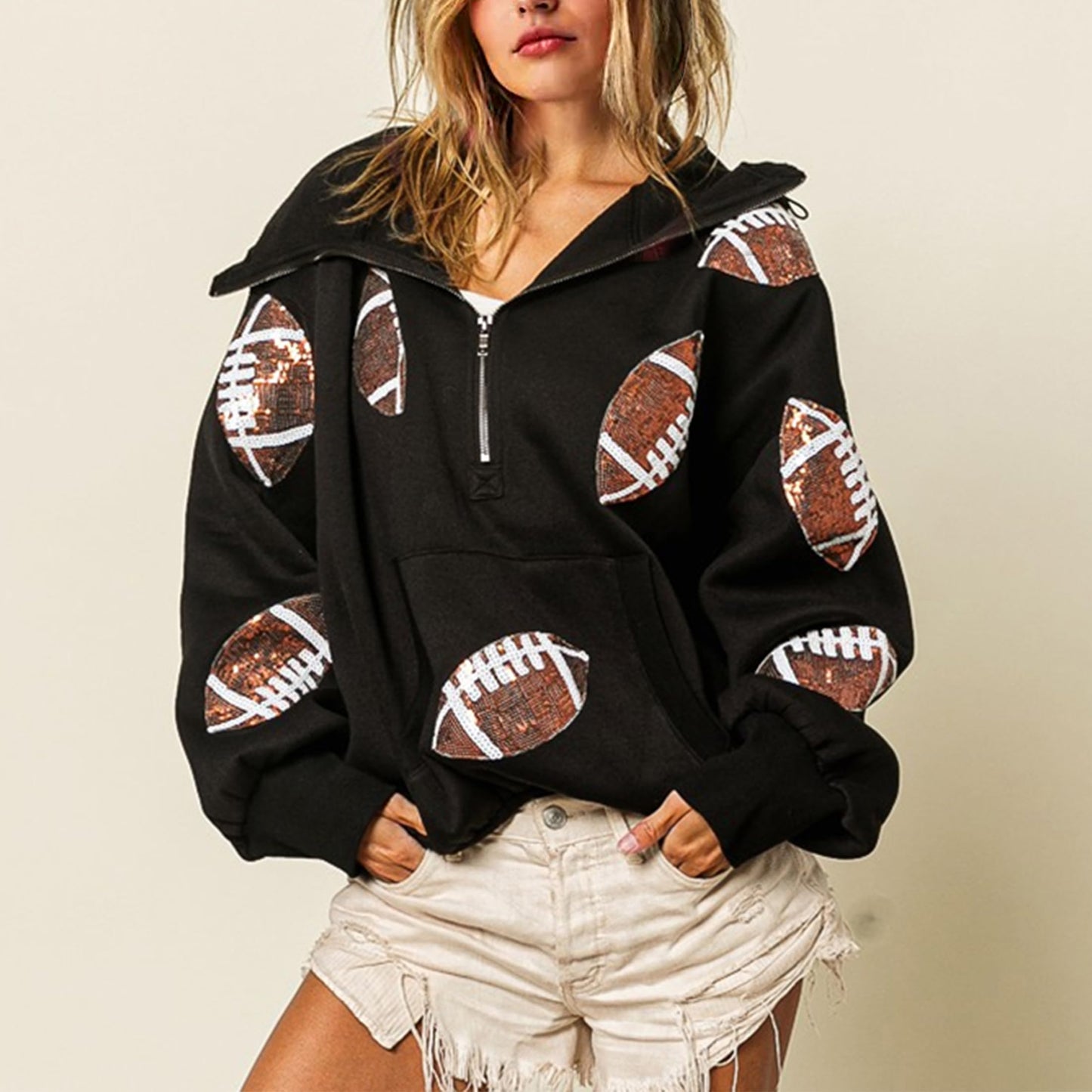 SeekMe Women Game Day Sweatshirt Sequin Football Hoodies Pullover Fall Top
