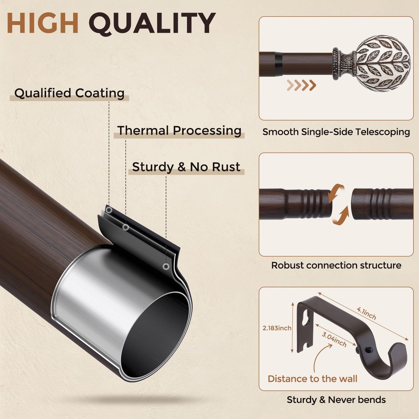 Curtain Rod 36-91 Inch, Boho Wood 1 Inch Curtain Rods for Windows