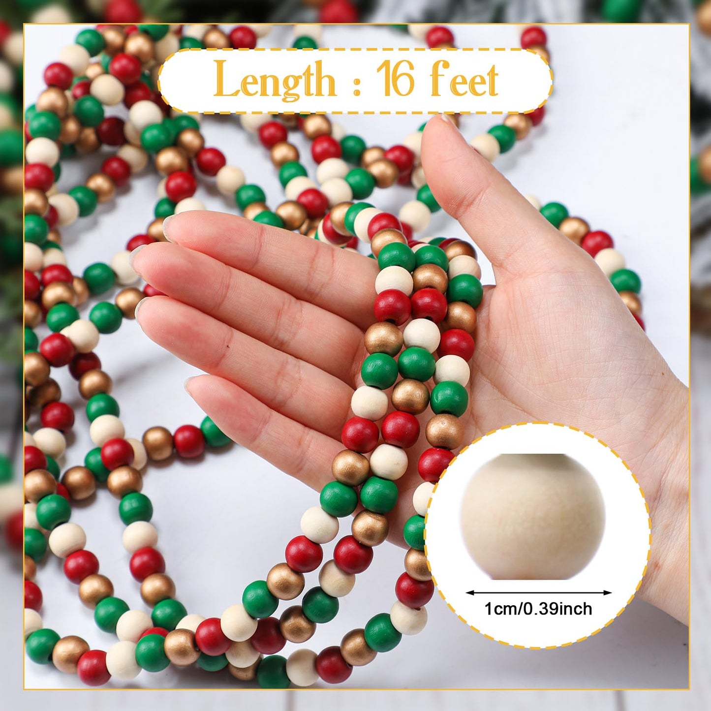 WILLBOND 16 Feet Wood Bead Garland Christmas Tree, Wood Color