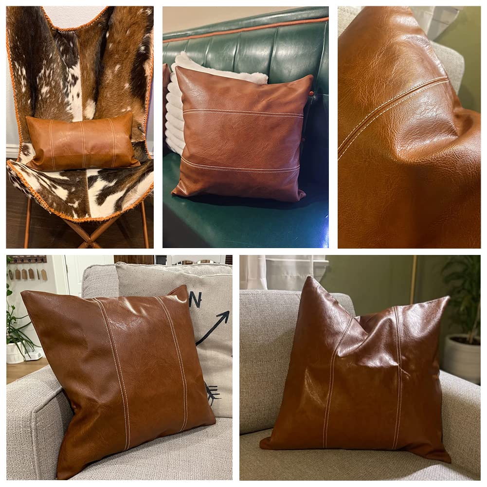 Fancy Homi Brown Boho Long Lumbar Faux Leather Body Decorative Throw Pillow Cover 14x36 Inch for Bedroom Couch Bed Bench, Thick Stylish Solid Rectangle Pillowcase, Rustic Modern Farmhouse Room Decor
