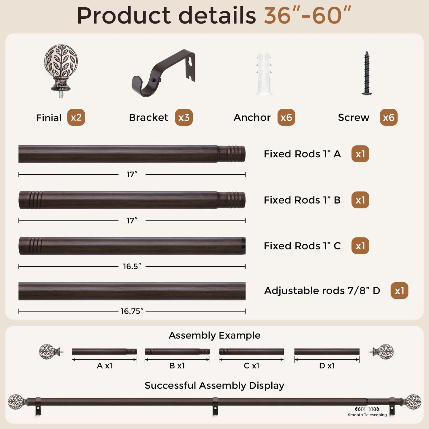 Curtain Rod 36-91 Inch, Boho Wood 1 Inch Curtain Rods for Windows