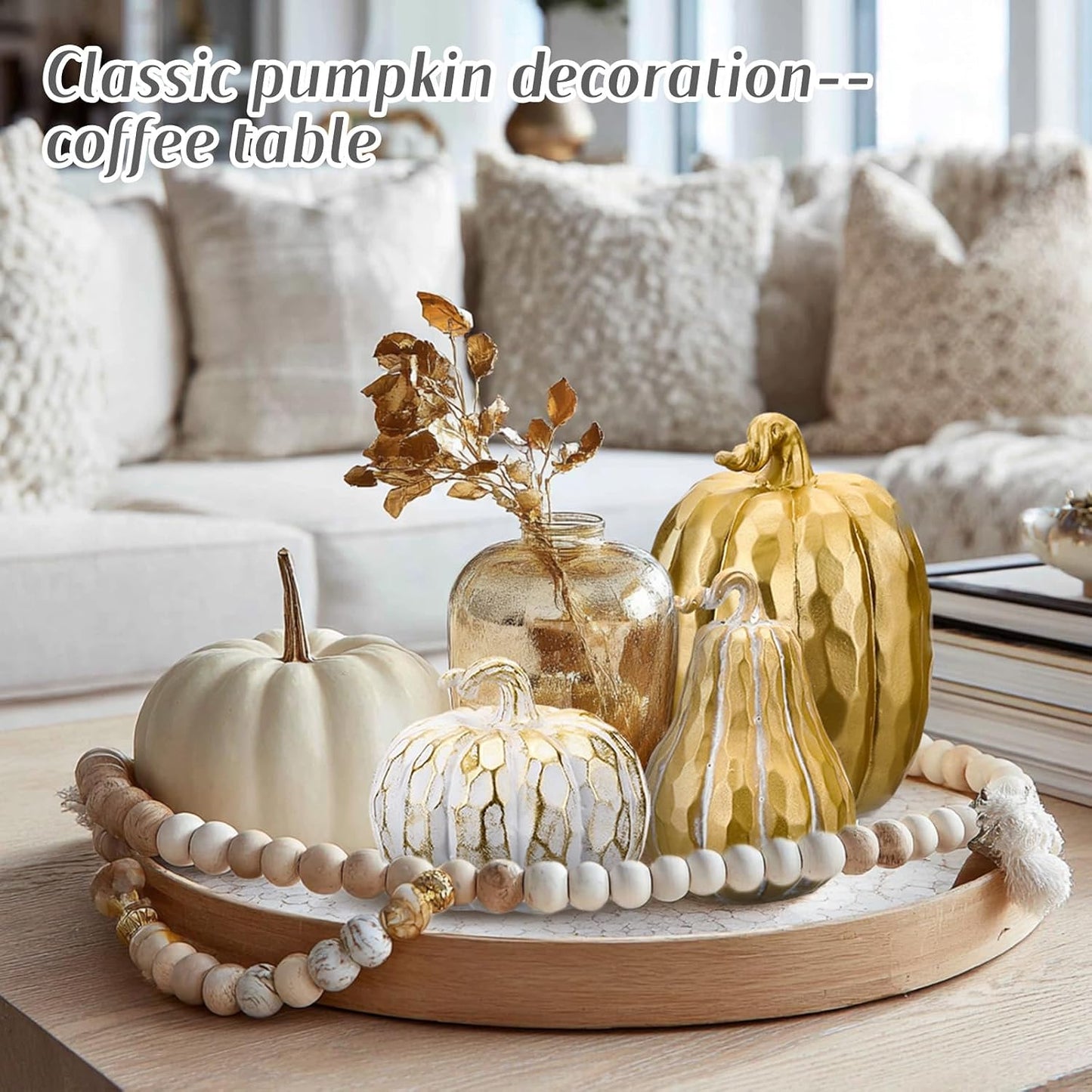 VioraWhite 3 Pack Fall Pumpkin Decor White Gold Resin Pumpkin Figurine