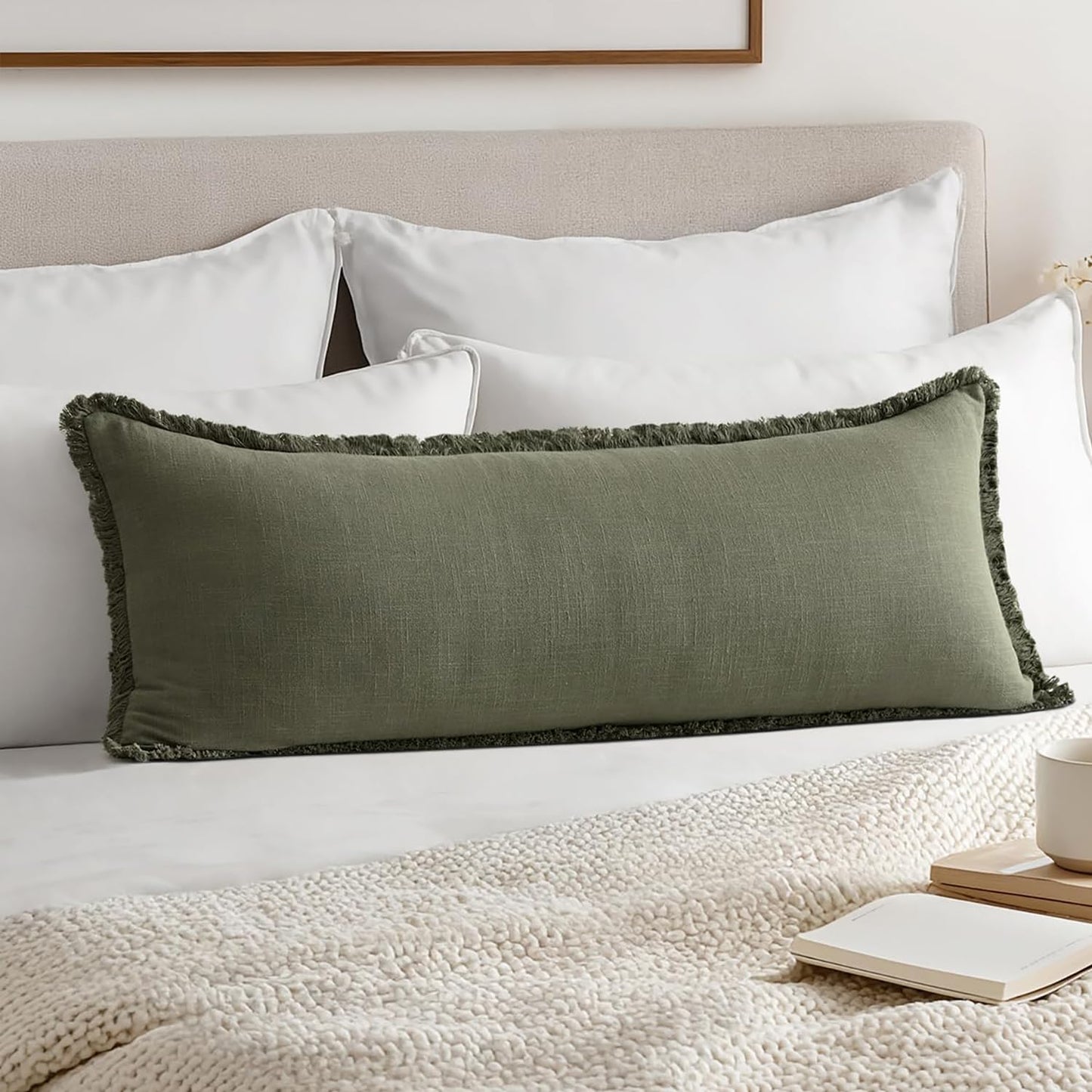 MIULEE 14x36 Long Linen Lumbar Pillow Covers Set of 1 Light Olive Green