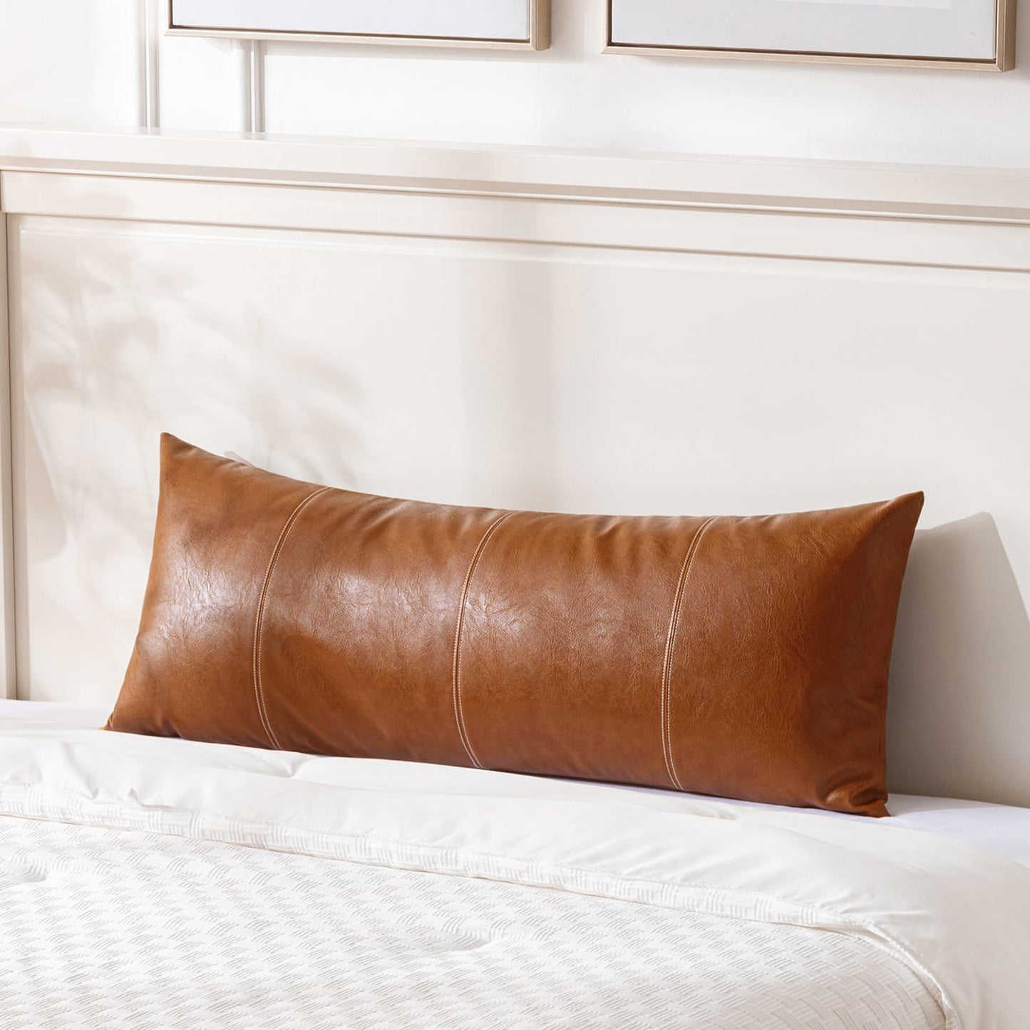 Fancy Homi Brown Boho Long Lumbar Faux Leather Body Decorative Throw Pillow Cover 14x36 Inch for Bedroom Couch Bed Bench, Thick Stylish Solid Rectangle Pillowcase, Rustic Modern Farmhouse Room Decor