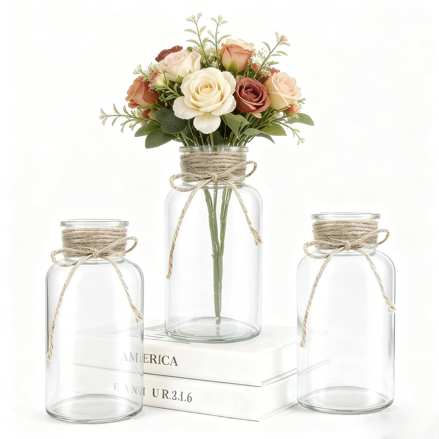 3 Pack Mason Jar Vases for Centerpieces, Amber Glass Flower Vase