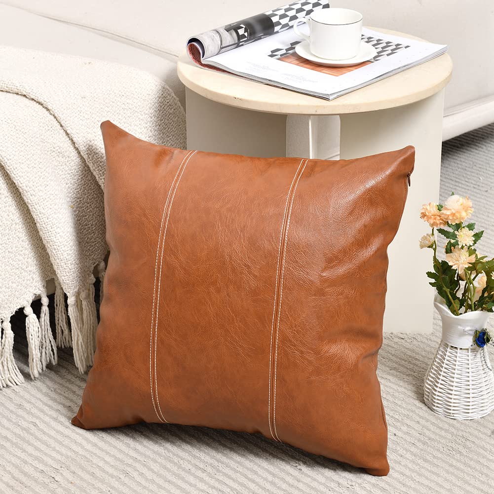 Fancy Homi Brown Boho Long Lumbar Faux Leather Body Decorative Throw Pillow Cover 14x36 Inch for Bedroom Couch Bed Bench, Thick Stylish Solid Rectangle Pillowcase, Rustic Modern Farmhouse Room Decor