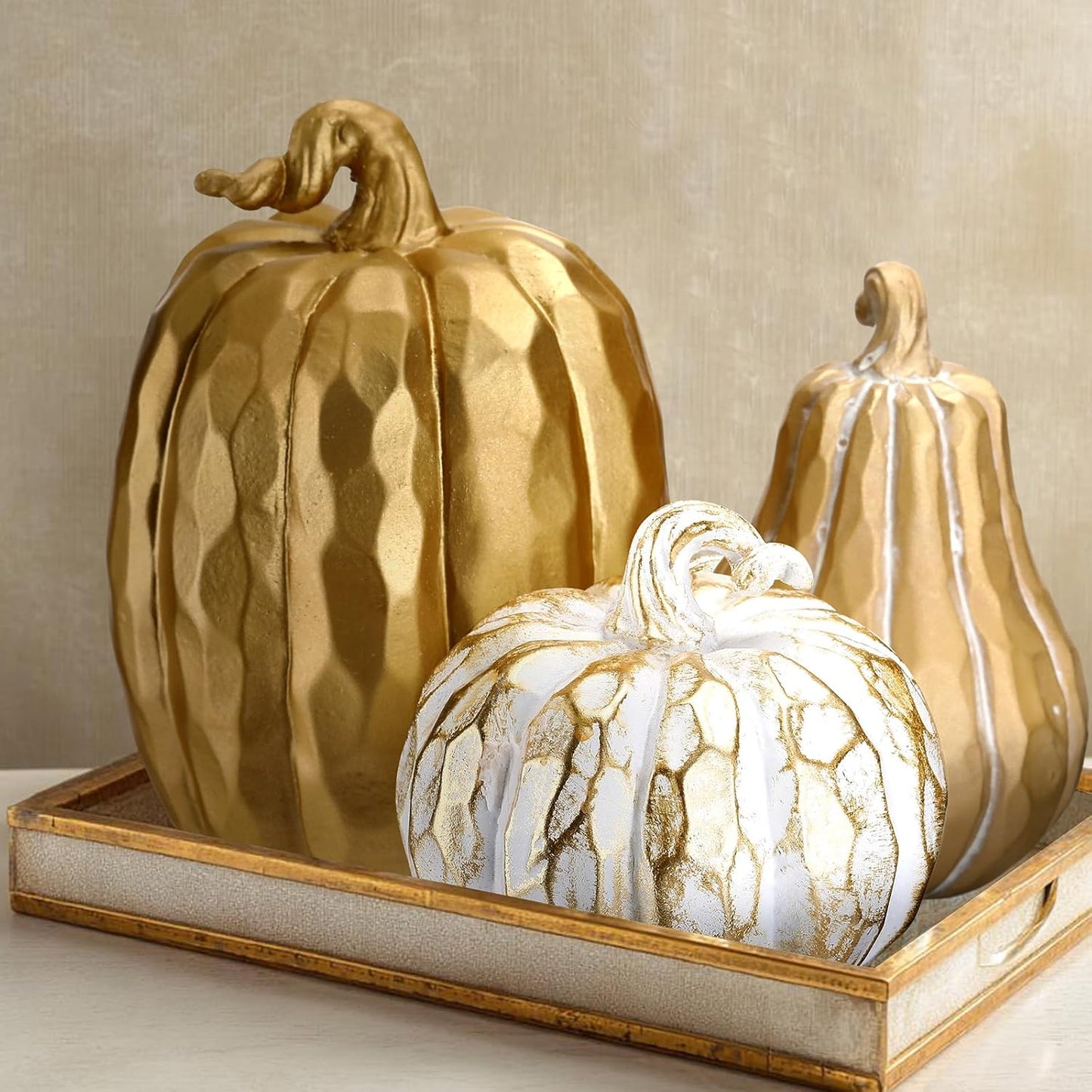 VioraWhite 3 Pack Fall Pumpkin Decor White Gold Resin Pumpkin Figurine