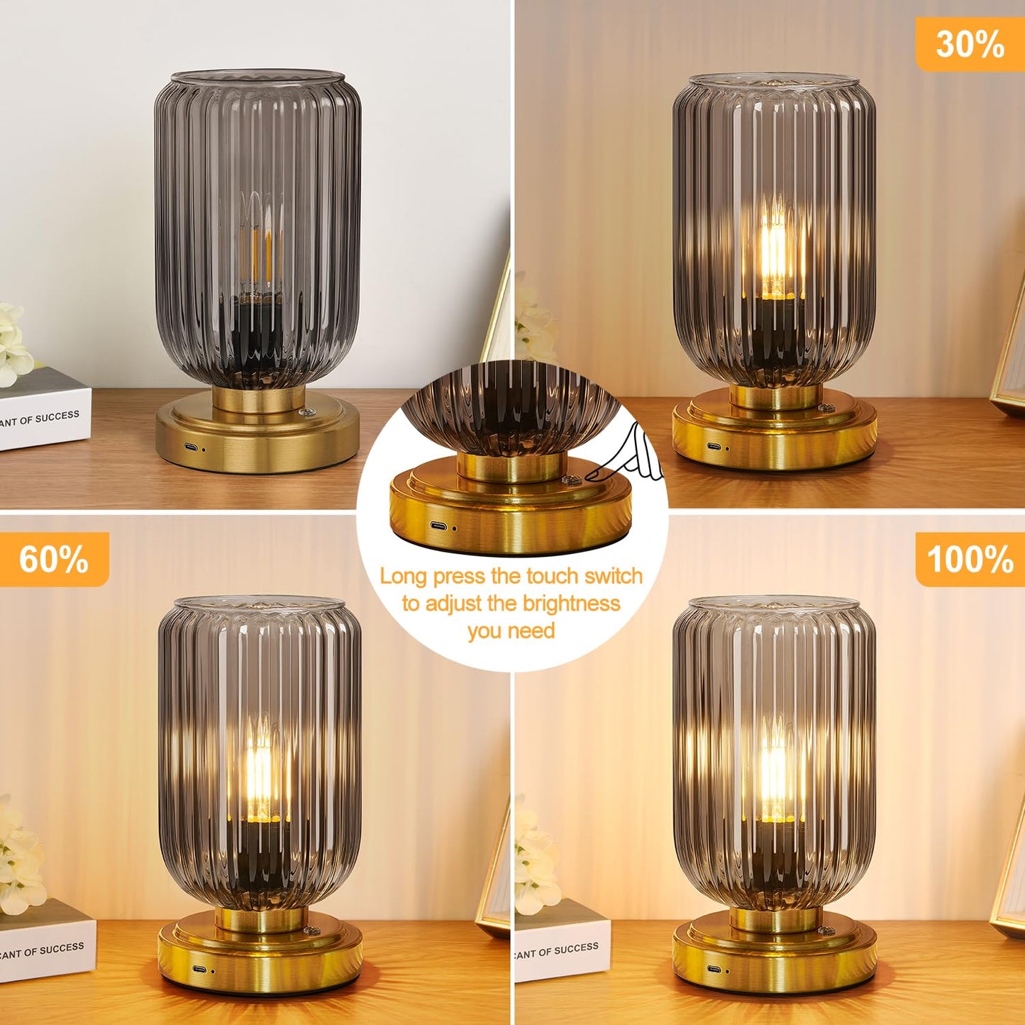 LightRound Cordless Table Lamp for Bedroom, Touch Stepless Dimmable, Modern