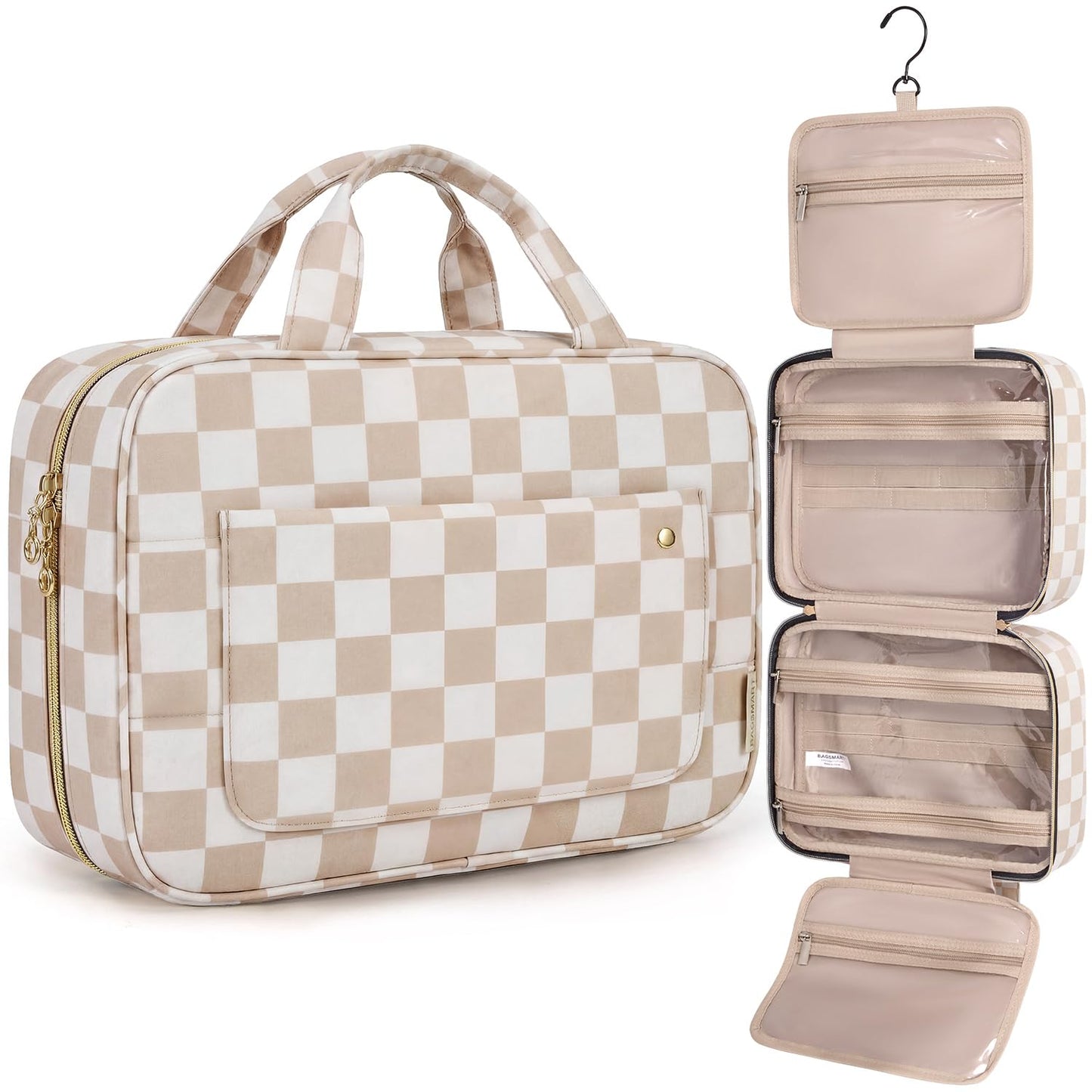 BAGSMART Toiletry Bag Travel Bag with Hanging Hook, Water-resistant Makeup Cosmetic Bag Travel Organizer for Accessories, Shampoo, Full-size Container, Toiletries (Green Checkerboard, Large)