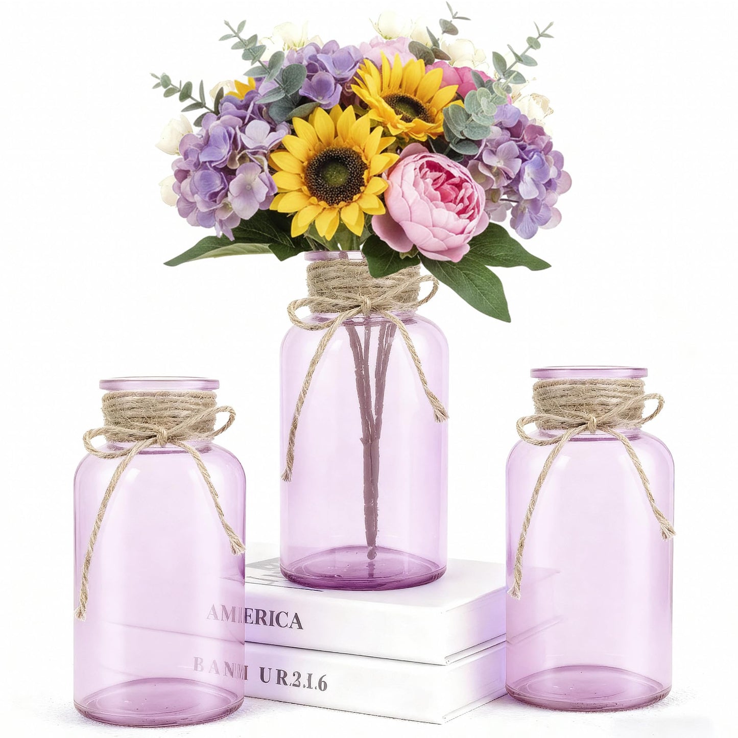 3 Pack Mason Jar Vases for Centerpieces, Amber Glass Flower Vase