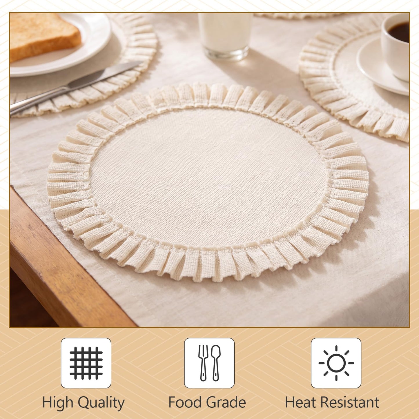 Gejoy 18 Pcs Burlap Placemat Wood Napkin Ring Dinner Napkin, Natural