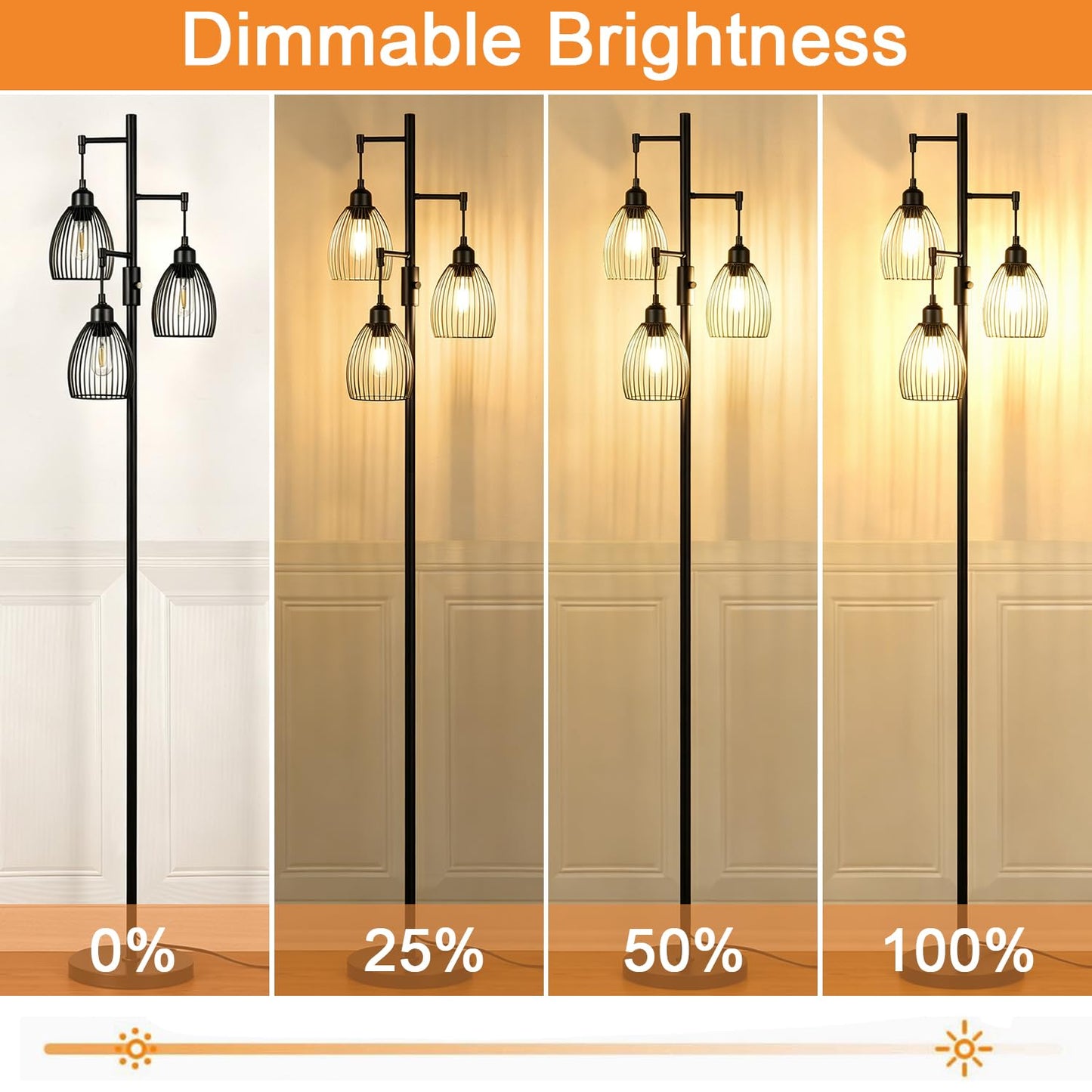 Dimmable Floor Lamp, Industrial Floor Lamps for Living Room, Gold Tree Lamp Standing Lamp Tall Lamps with 3 Elegant Teardrop Cage Head & 800 Lumens LED Bulbs for Living room Bedroom Office Dining Room