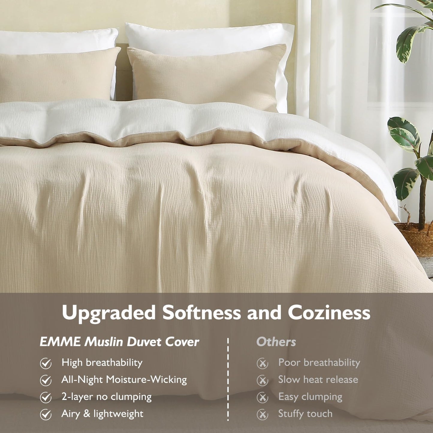 EMME Muslin Cotton Duvet Cover Set Linen Like Beige Queen