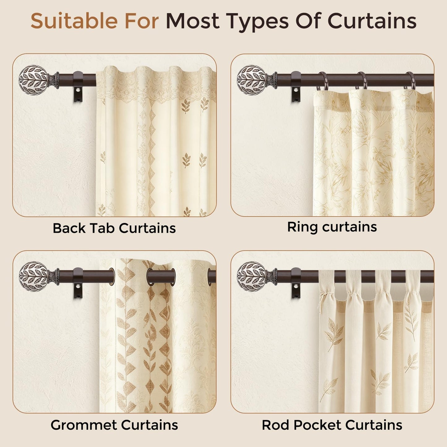 Curtain Rod 36-91 Inch, Boho Wood 1 Inch Curtain Rods for Windows