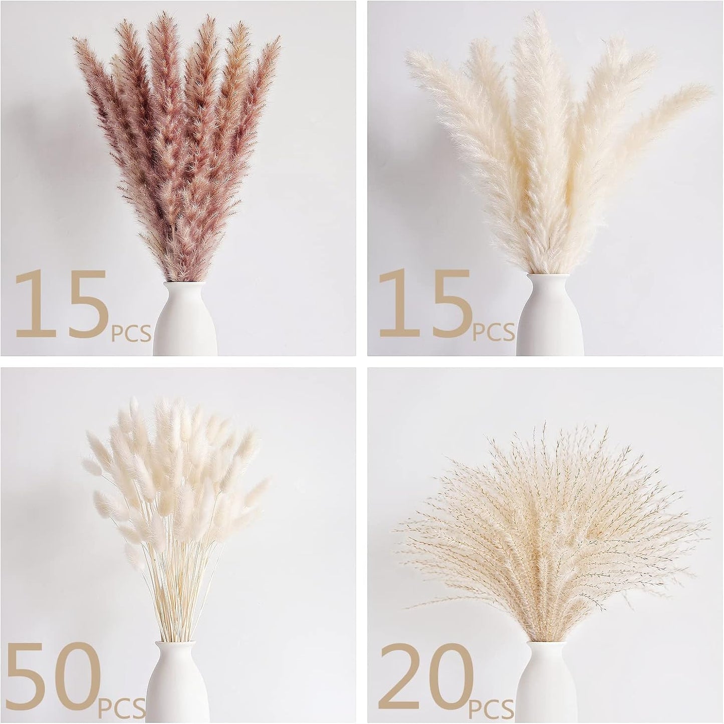 Dried Pampas Grass Decor, 100 Stems Pampas Grass Contains Bunny Tails Dried Flowers, Reed Grass Bouquet for Wedding Boho Flowers Home Table Decor, Rustic Farmhouse Party (17", White and Brown)
