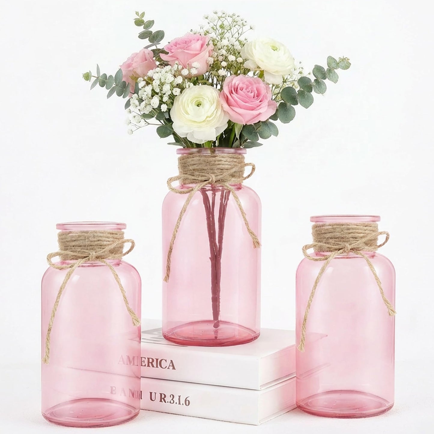 3 Pack Mason Jar Vases for Centerpieces, Amber Glass Flower Vase