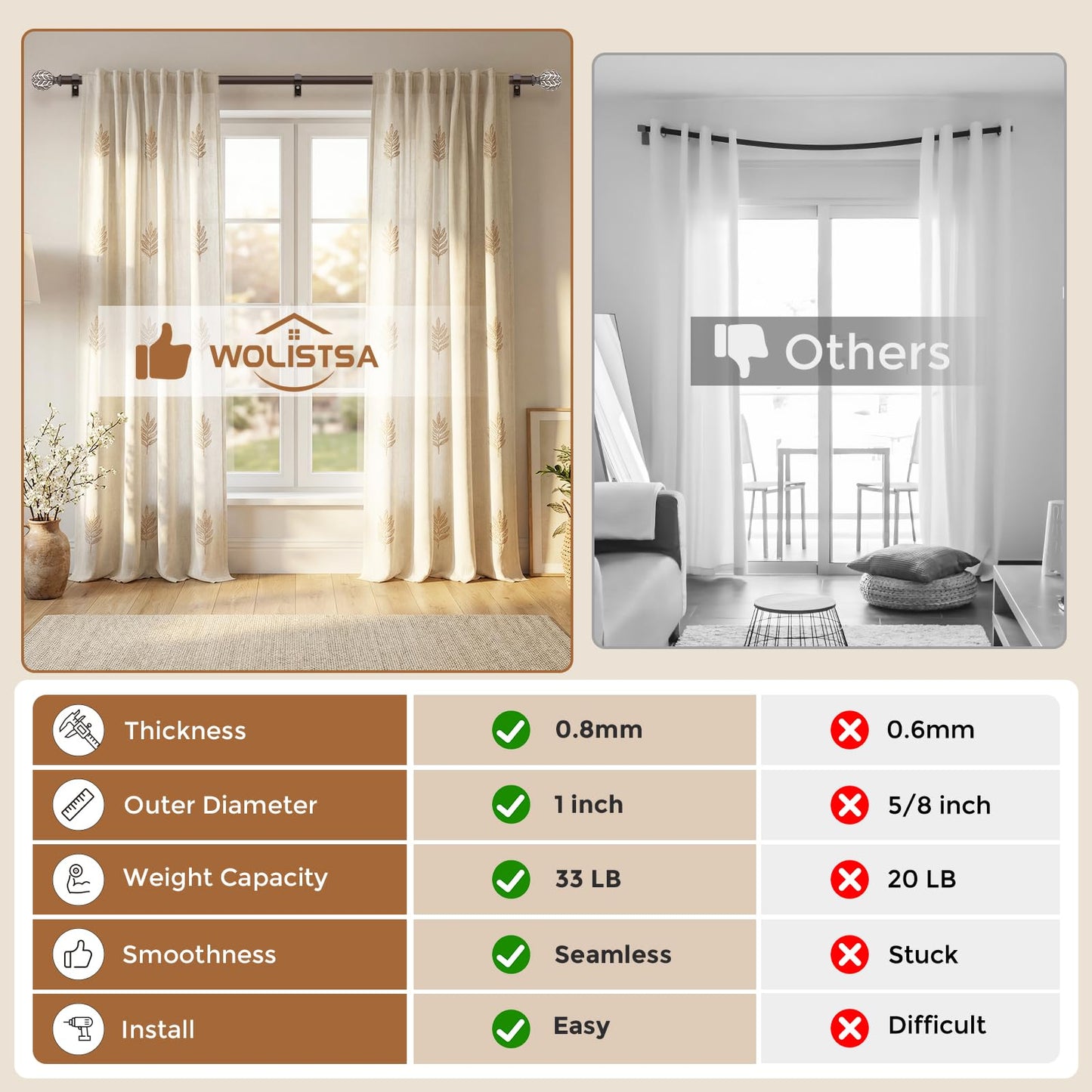 Curtain Rod 36-91 Inch, Boho Wood 1 Inch Curtain Rods for Windows