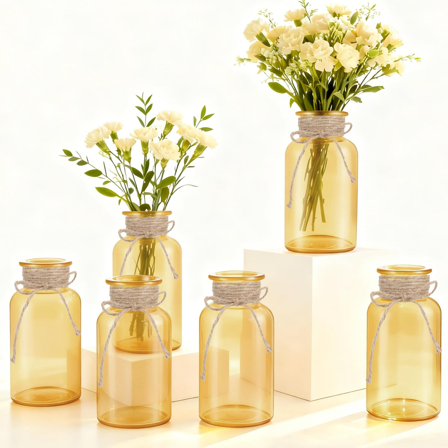 3 Pack Mason Jar Vases for Centerpieces, Amber Glass Flower Vase