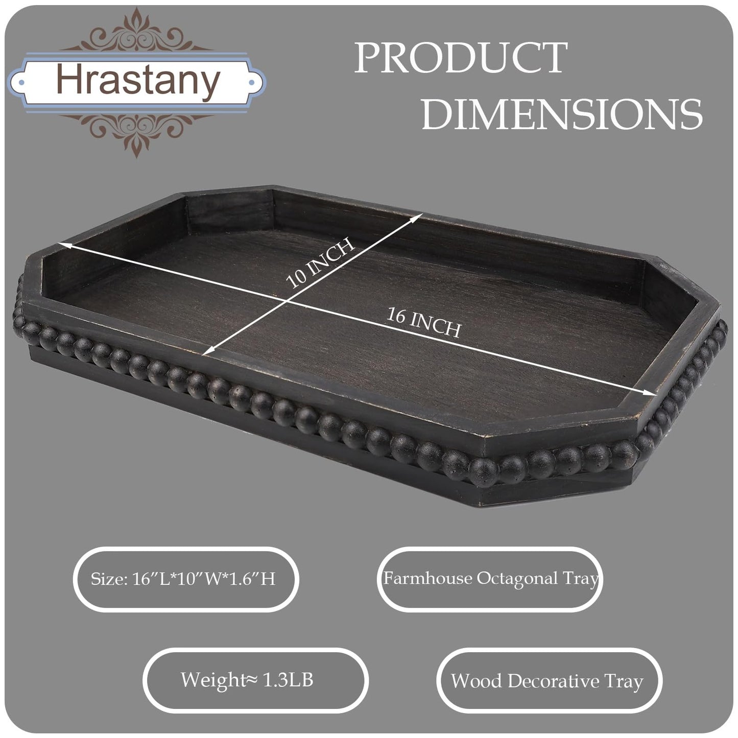 Hrastany Wood Rustic Serving Tray with Beads, Farmhouse Brown Decorative Tray for Table Centerpiece, Christmas Wedding Halloween Home Decor