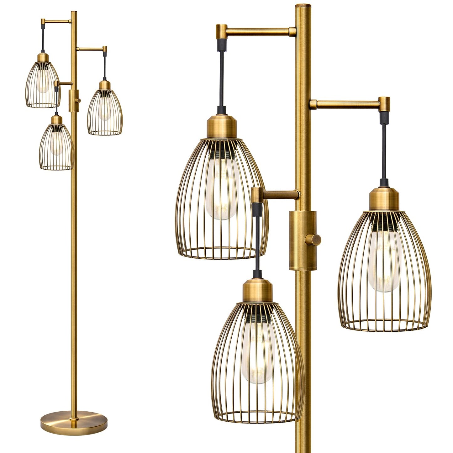 Dimmable Floor Lamp, Industrial Floor Lamps for Living Room, Gold Tree Lamp Standing Lamp Tall Lamps with 3 Elegant Teardrop Cage Head & 800 Lumens LED Bulbs for Living room Bedroom Office Dining Room