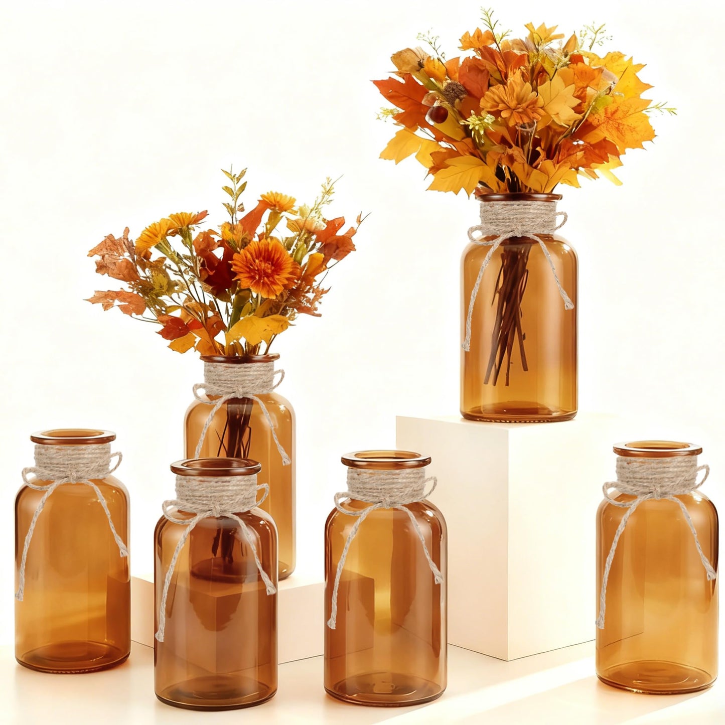 3 Pack Mason Jar Vases for Centerpieces, Amber Glass Flower Vase