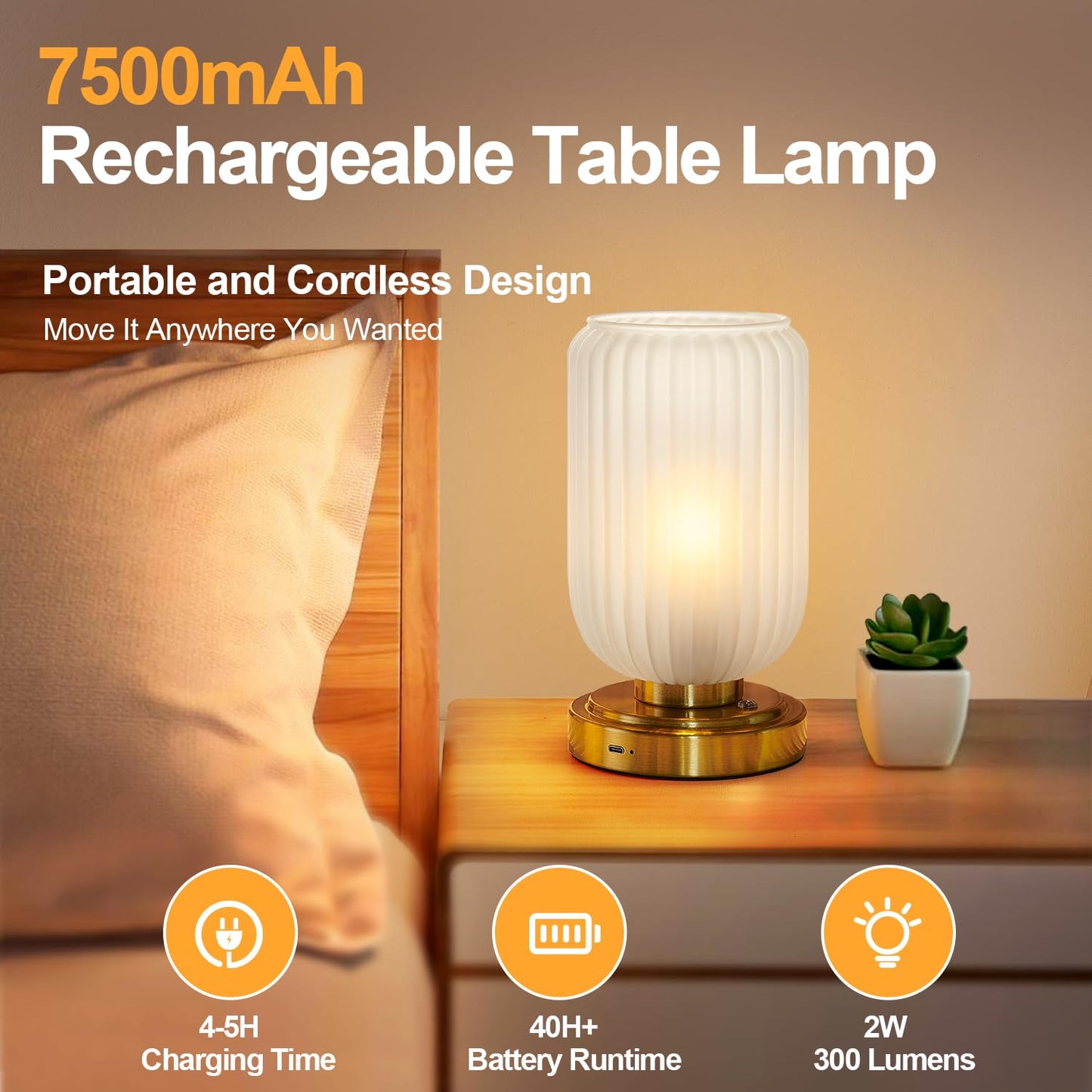 LightRound Cordless Table Lamp for Bedroom, Touch Stepless Dimmable, Modern