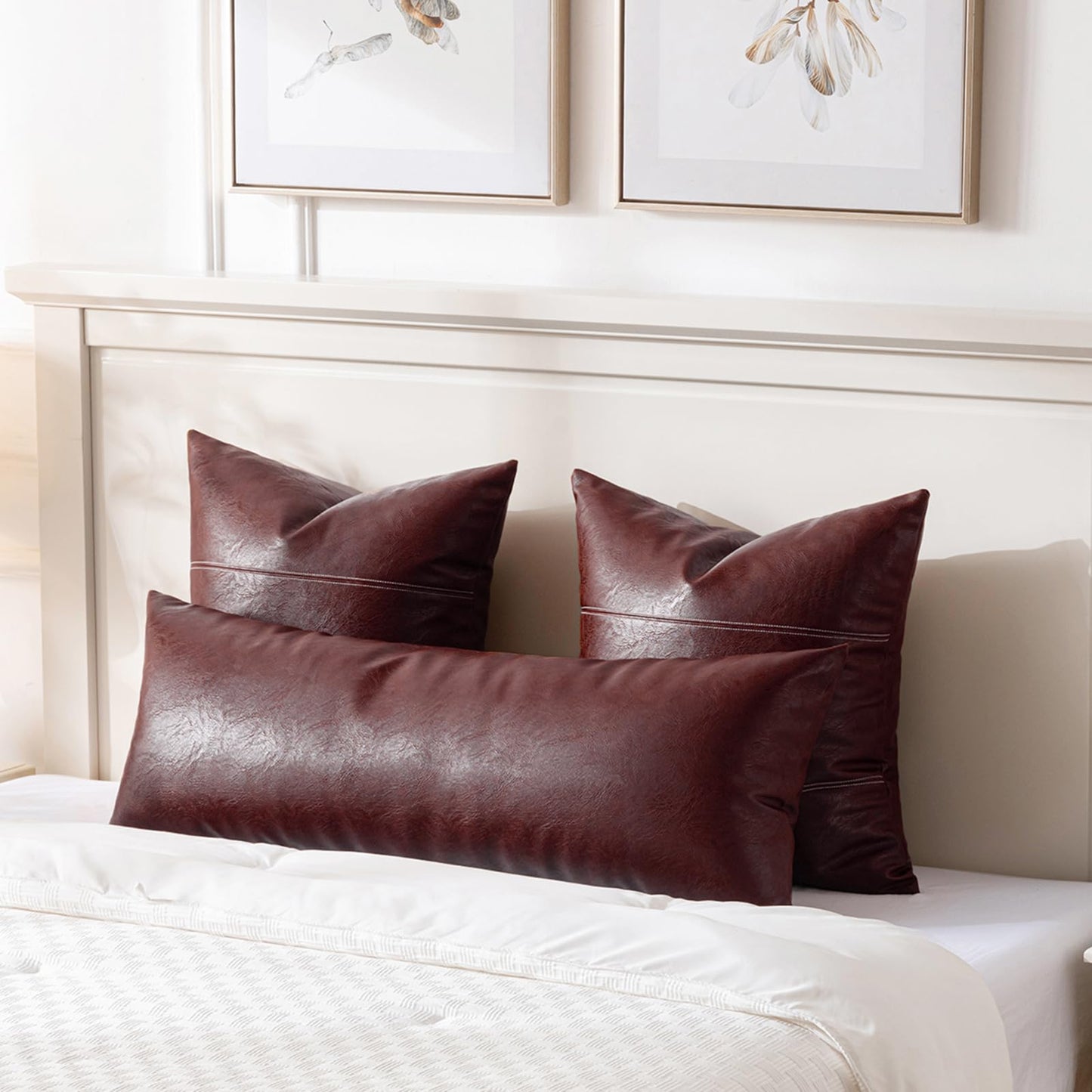 Fancy Homi Brown Boho Long Lumbar Faux Leather Body Decorative Throw Pillow Cover 14x36 Inch for Bedroom Couch Bed Bench, Thick Stylish Solid Rectangle Pillowcase, Rustic Modern Farmhouse Room Decor