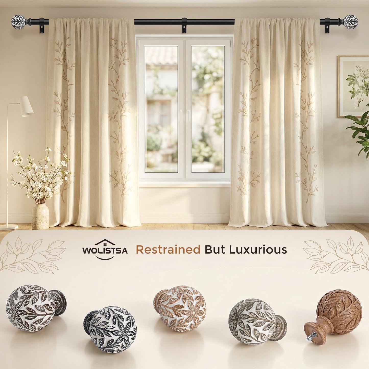 Curtain Rod 36-91 Inch, Boho Wood 1 Inch Curtain Rods for Windows