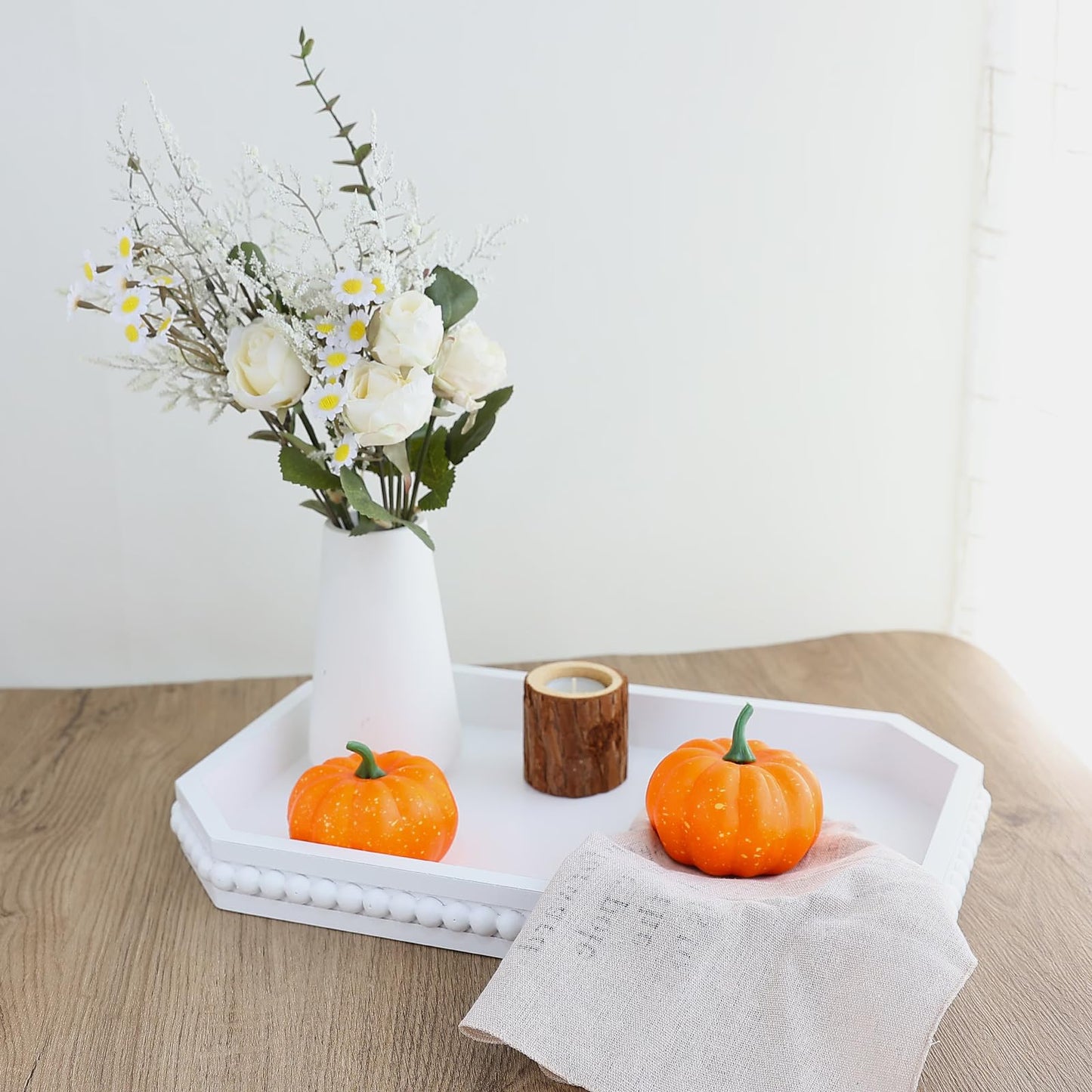 Hrastany Wood Rustic Serving Tray with Beads, Farmhouse Brown Decorative Tray for Table Centerpiece, Christmas Wedding Halloween Home Decor