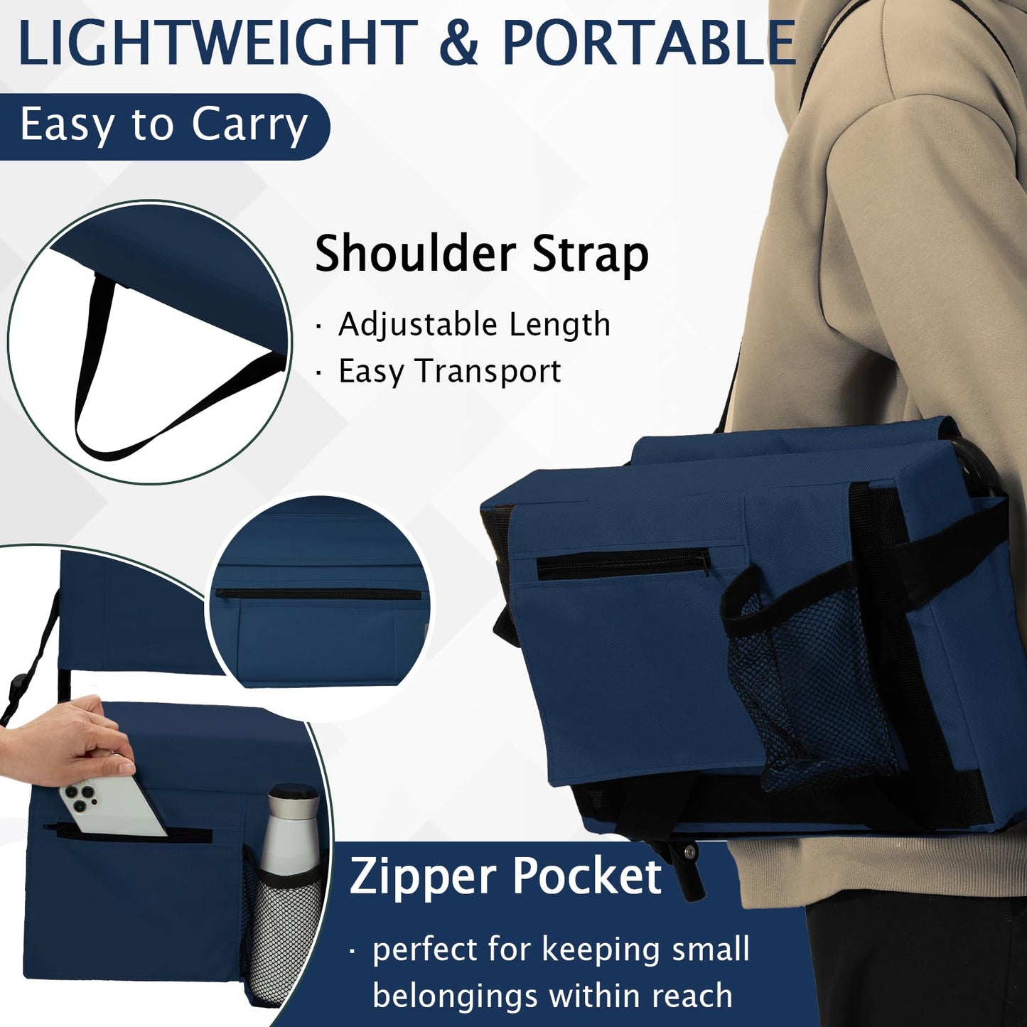 2pcs Stadium Seat for Bleachers with Back Support，Portable Bleacher Chairs with Back and Cushion，Includes Shoulder Strap and Cup Holder