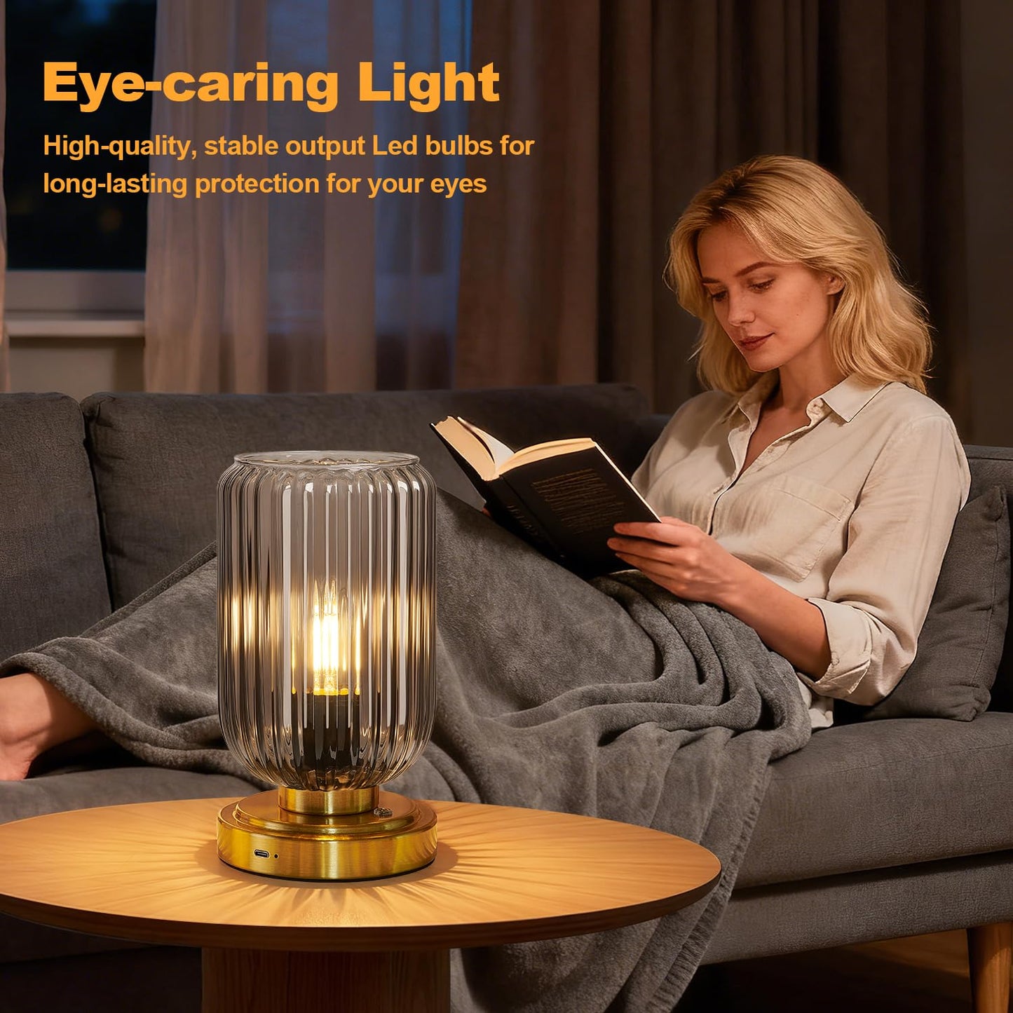 LightRound Cordless Table Lamp for Bedroom, Touch Stepless Dimmable, Modern