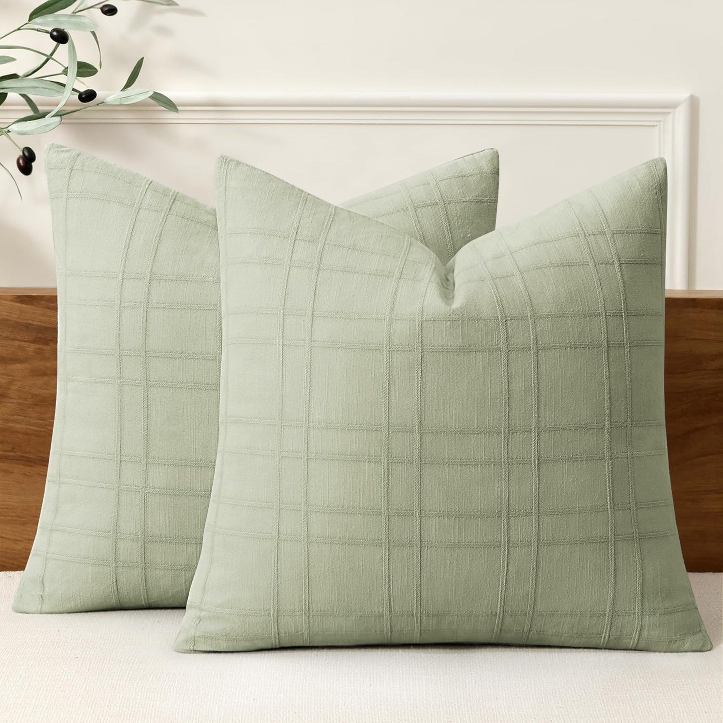 MIULEE Linen Plaid Pillow Covers Decorative 18x18 Dark Olive Green