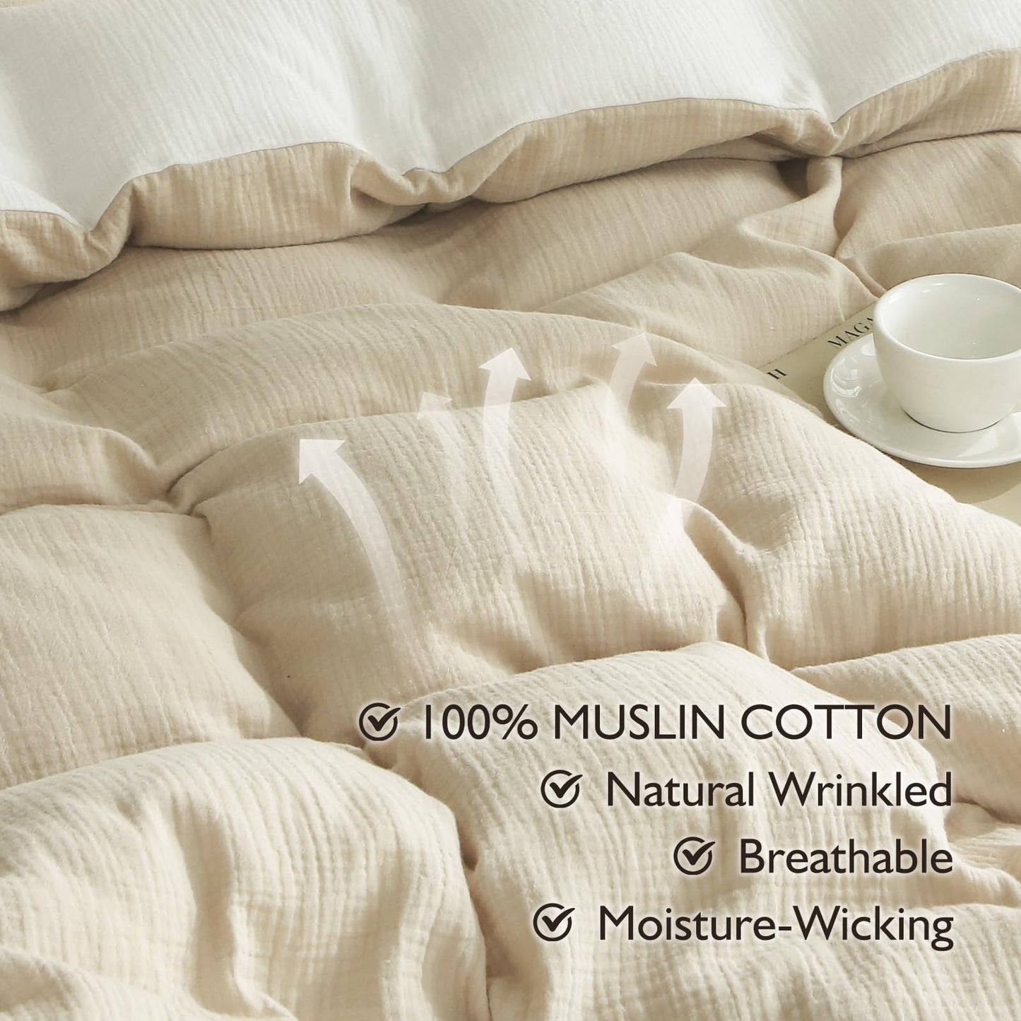 EMME Muslin Cotton Duvet Cover Set Linen Like Beige Queen