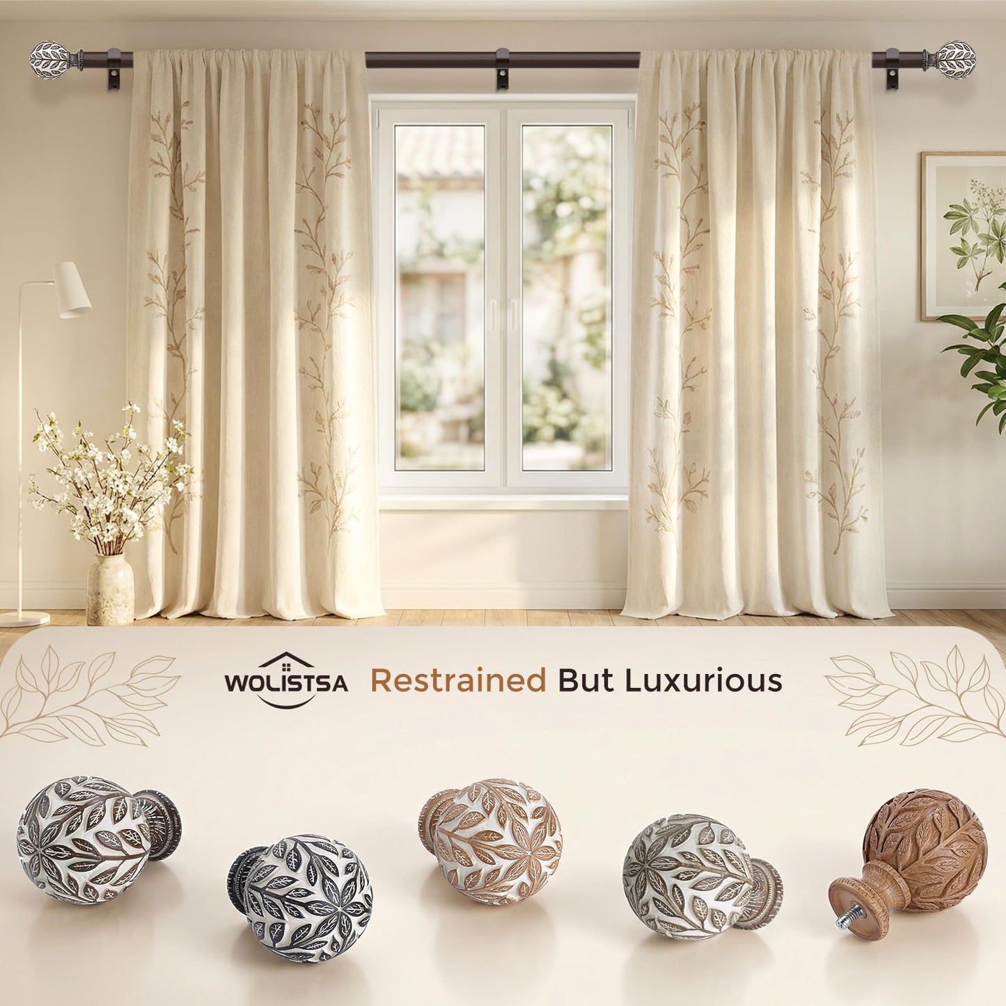Curtain Rod 36-91 Inch, Boho Wood 1 Inch Curtain Rods for Windows