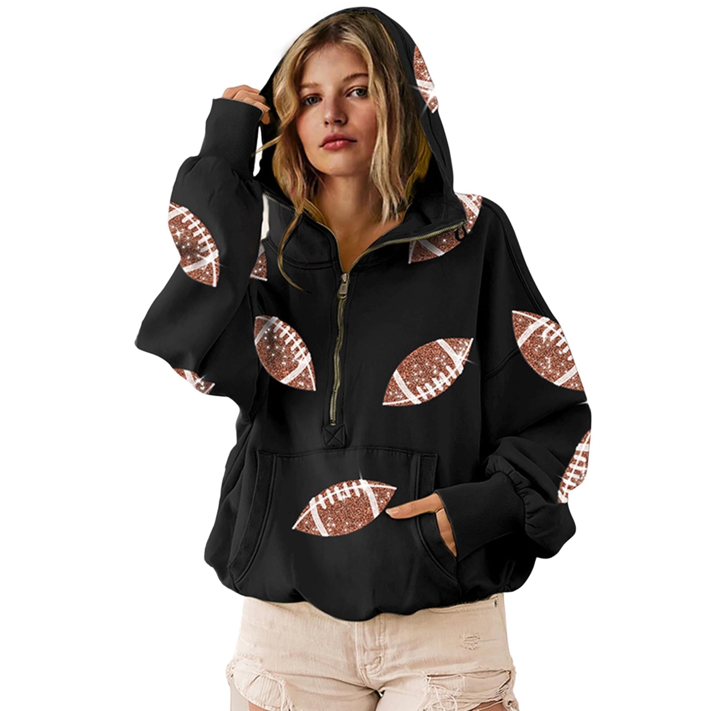 SeekMe Women Game Day Sweatshirt Sequin Football Hoodies Pullover Fall Top