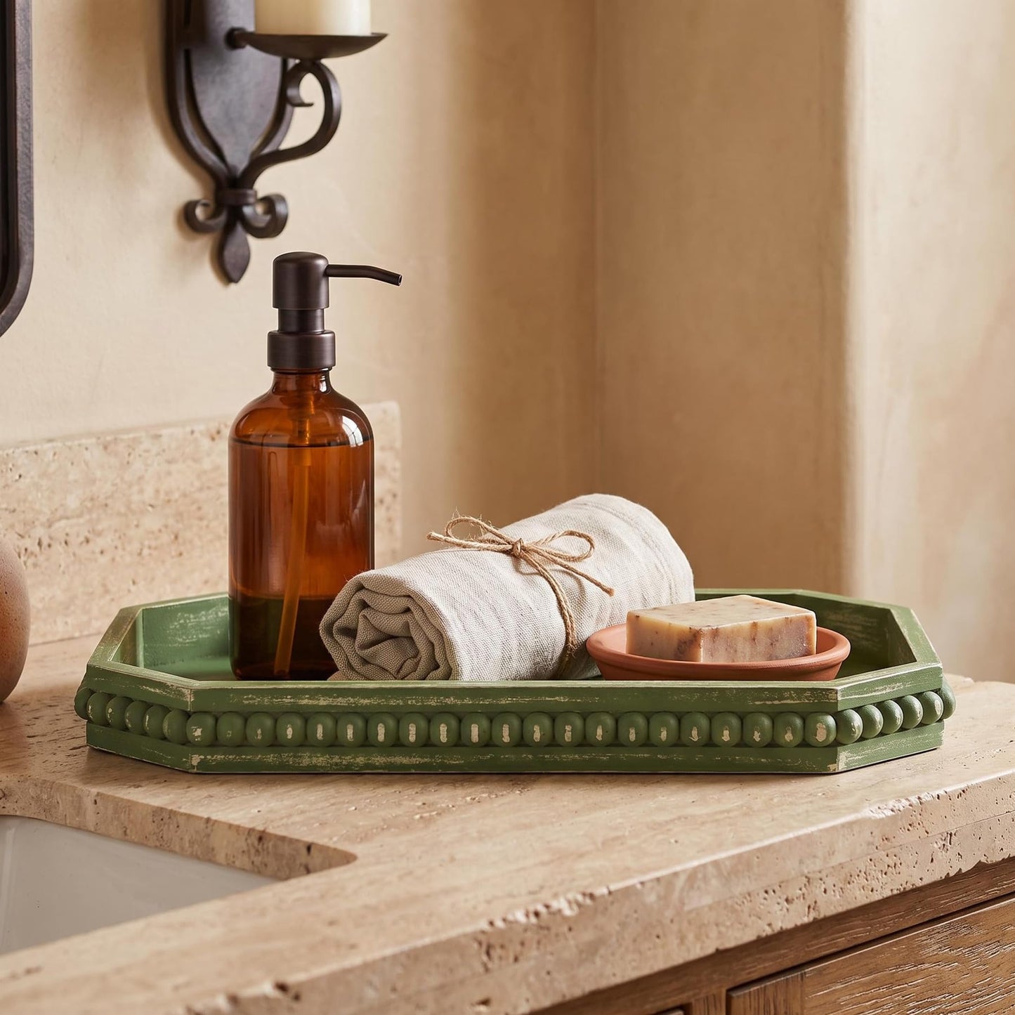 Hrastany Wood Rustic Serving Tray with Beads, Farmhouse Brown Decorative Tray for Table Centerpiece, Christmas Wedding Halloween Home Decor