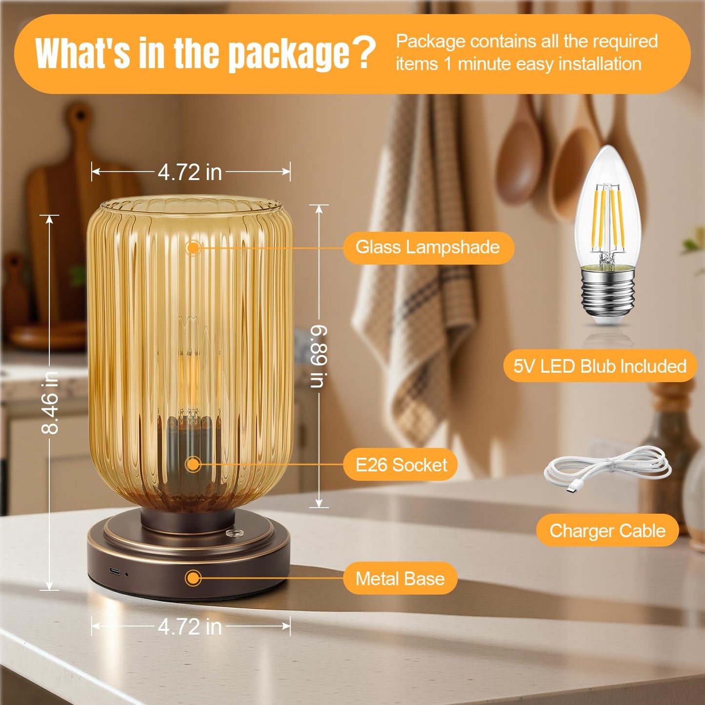 LightRound Cordless Table Lamp for Bedroom, Touch Stepless Dimmable, Modern