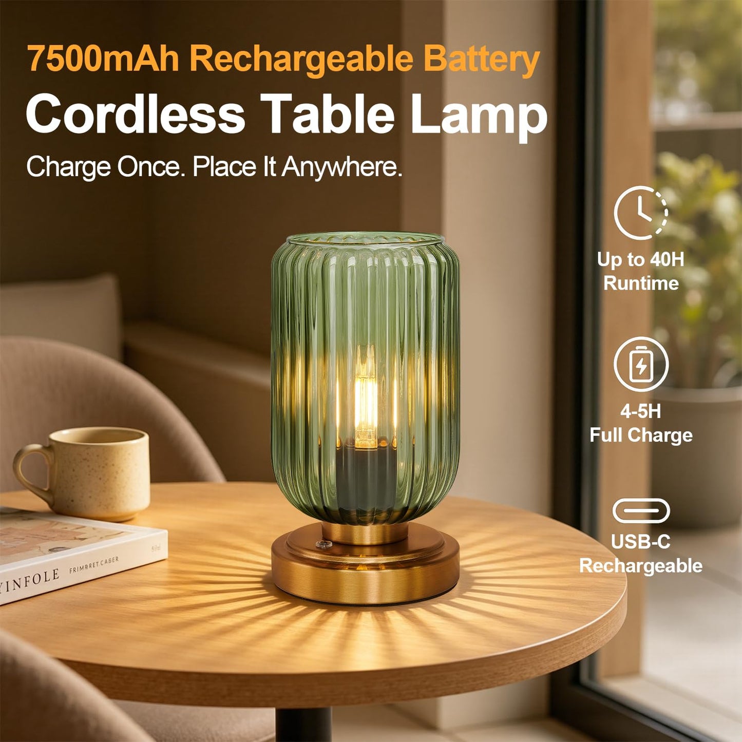 LightRound Cordless Table Lamp for Bedroom, Touch Stepless Dimmable, Modern