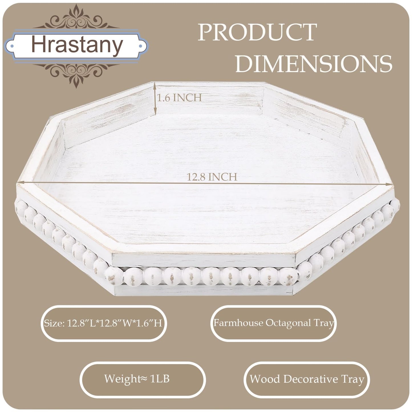 Hrastany Wood Rustic Serving Tray with Beads, Farmhouse Brown Decorative Tray for Table Centerpiece, Christmas Wedding Halloween Home Decor