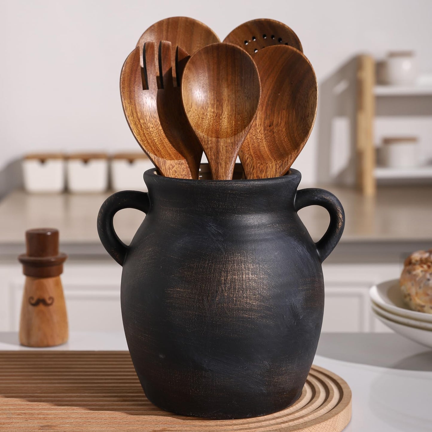 Ceramic Farmhouse Kitchen Utensil Holder for Countertop, Rustic Cooking Utensil Holder Crock Fit for Kitchen Counter.