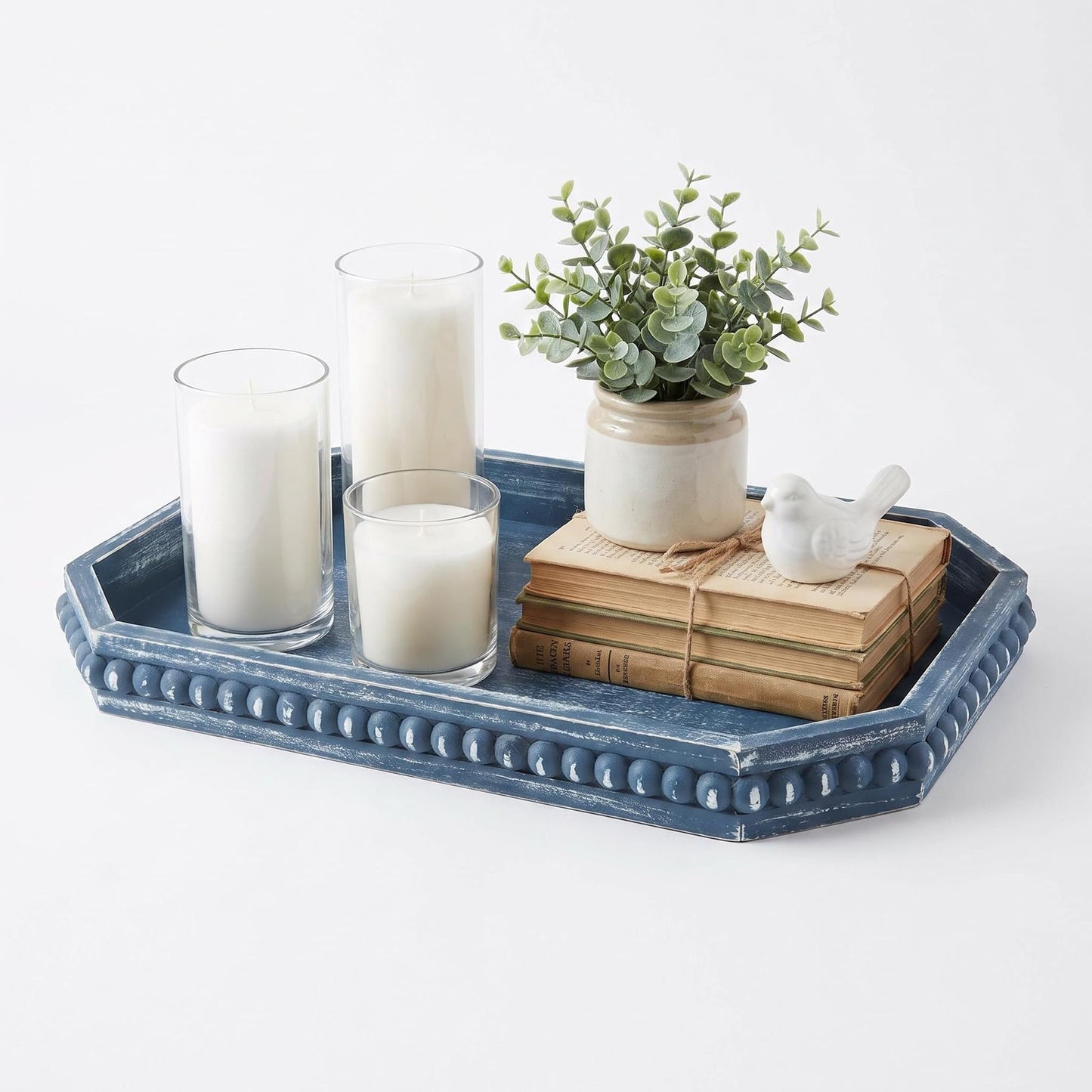 Hrastany Wood Rustic Serving Tray with Beads, Farmhouse Brown Decorative Tray for Table Centerpiece, Christmas Wedding Halloween Home Decor