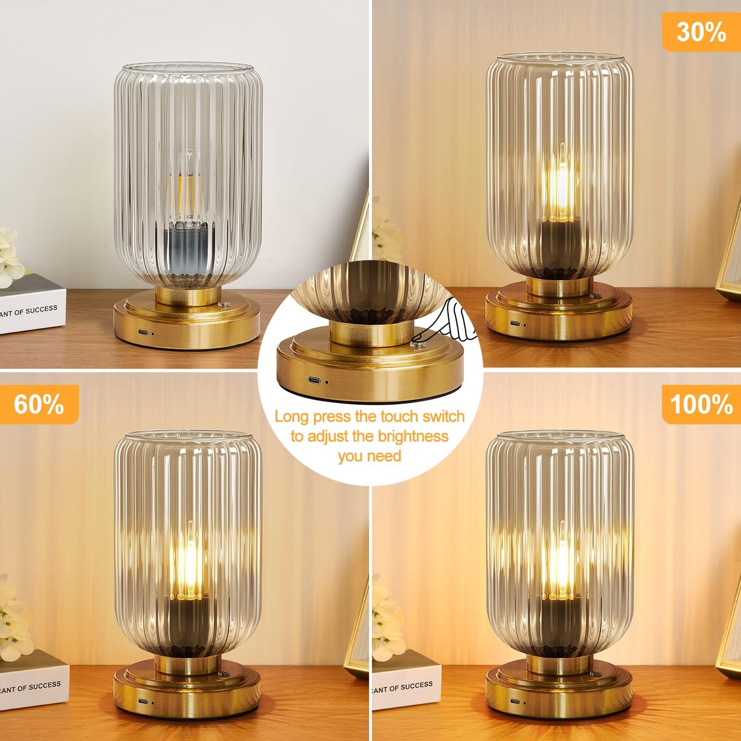 LightRound Cordless Table Lamp for Bedroom, Touch Stepless Dimmable, Modern