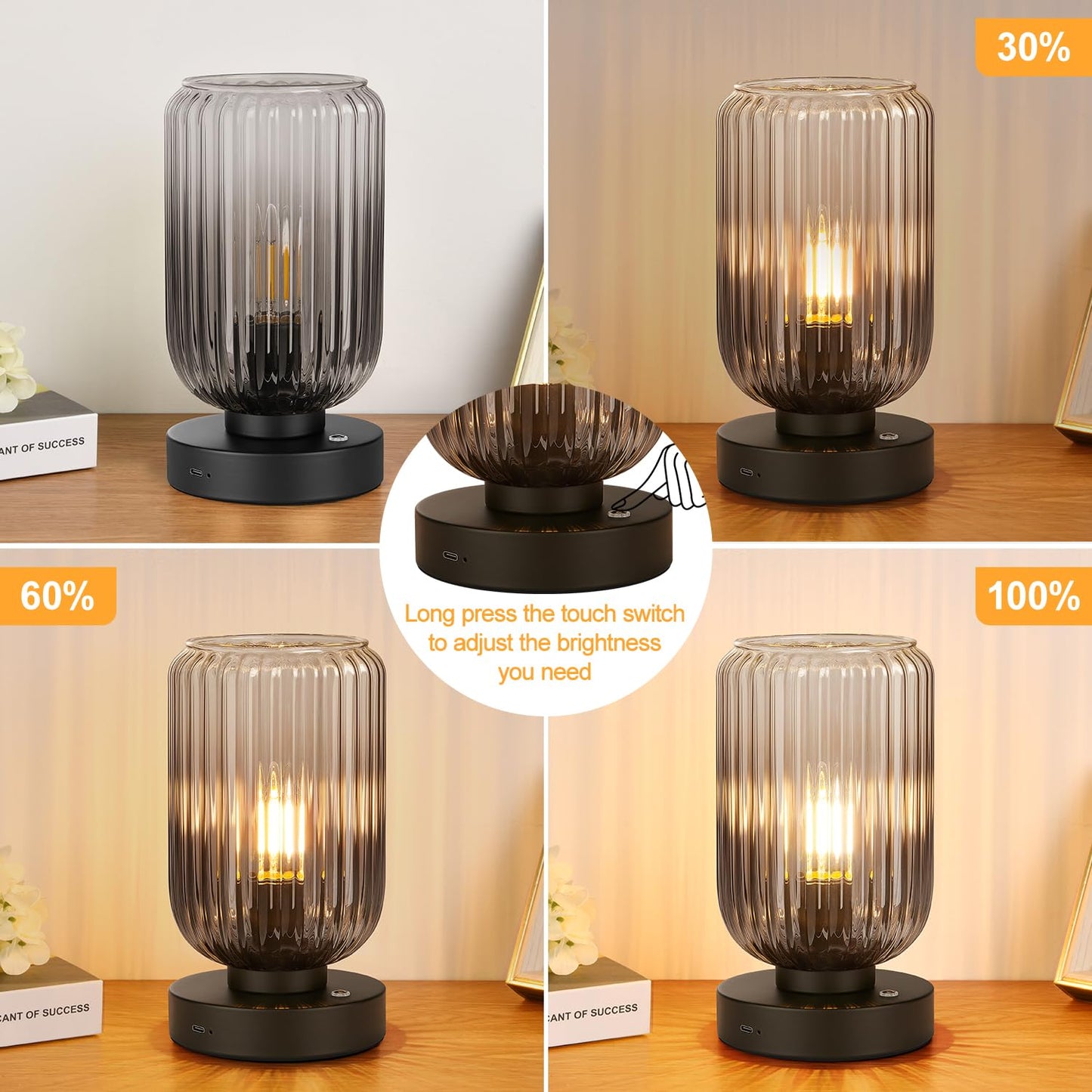 LightRound Cordless Table Lamp for Bedroom, Touch Stepless Dimmable, Modern