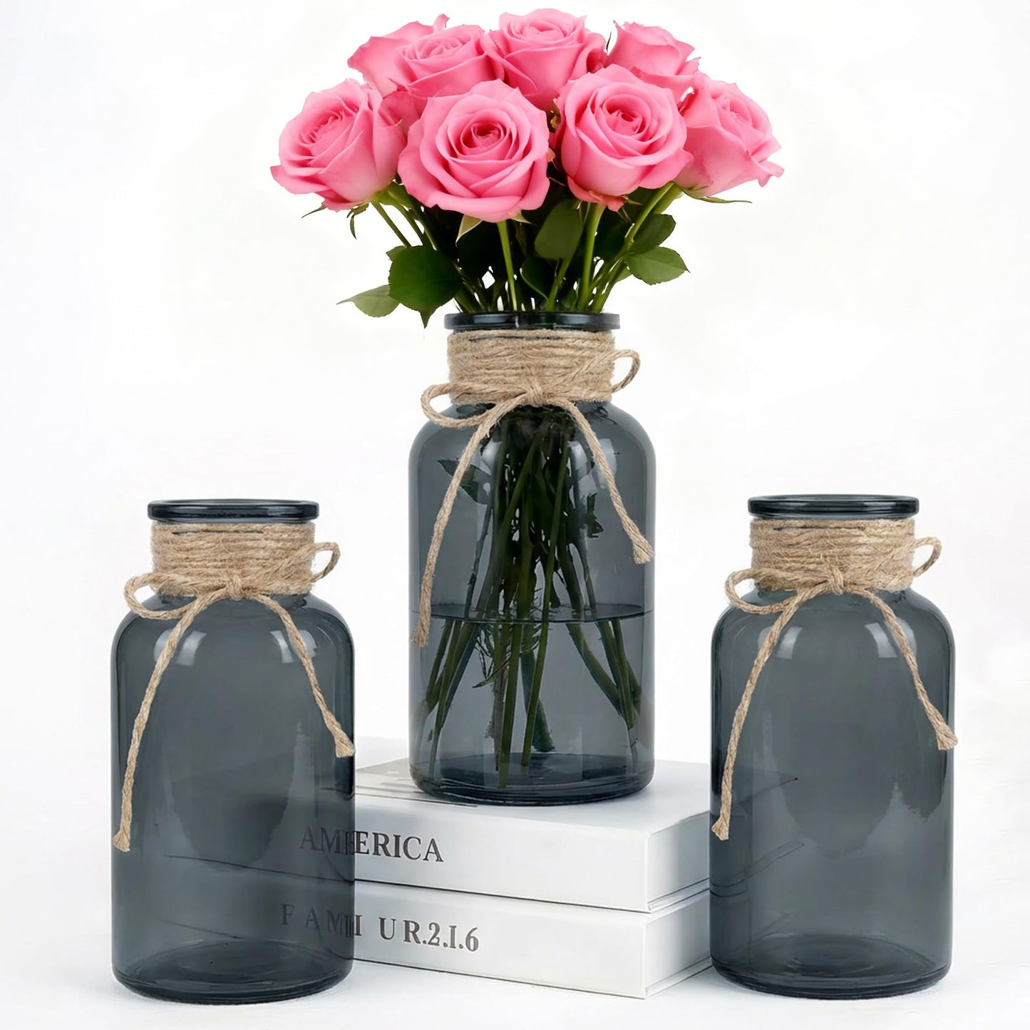 3 Pack Mason Jar Vases for Centerpieces, Amber Glass Flower Vase