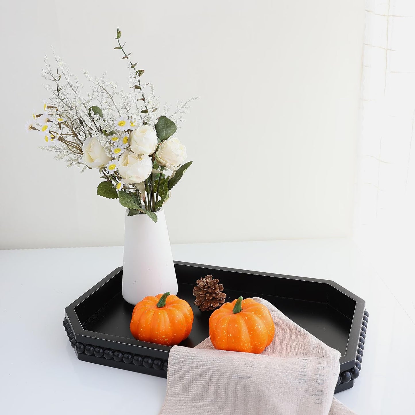 Hrastany Wood Rustic Serving Tray with Beads, Farmhouse Brown Decorative Tray for Table Centerpiece, Christmas Wedding Halloween Home Decor